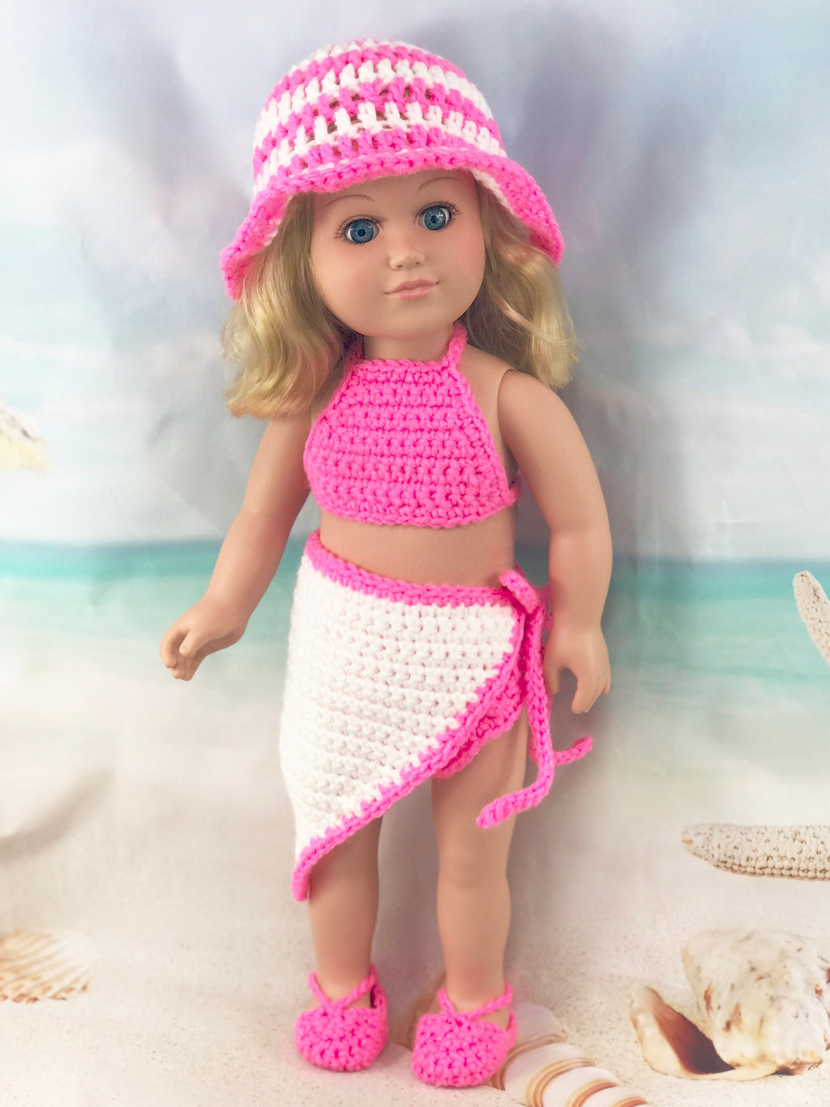18" Doll Swimwear Crochet PDF pattern, Doll sunhat sarong sandals swimsuit crochet pattern, 18" Doll crochet doll clothes pattern