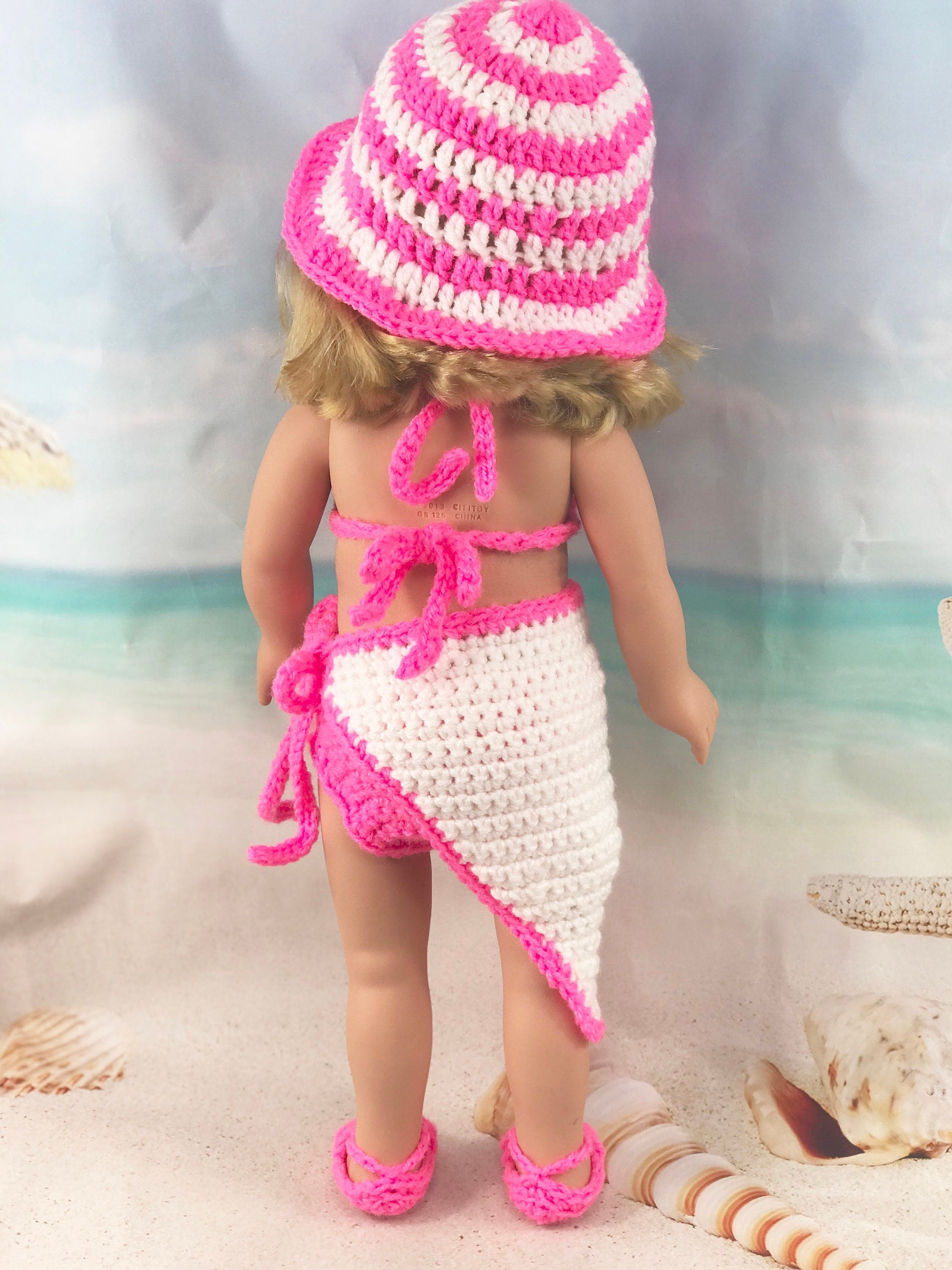18" Doll Swimwear Crochet PDF pattern, Doll sunhat sarong sandals swimsuit crochet pattern, 18" Doll crochet doll clothes pattern