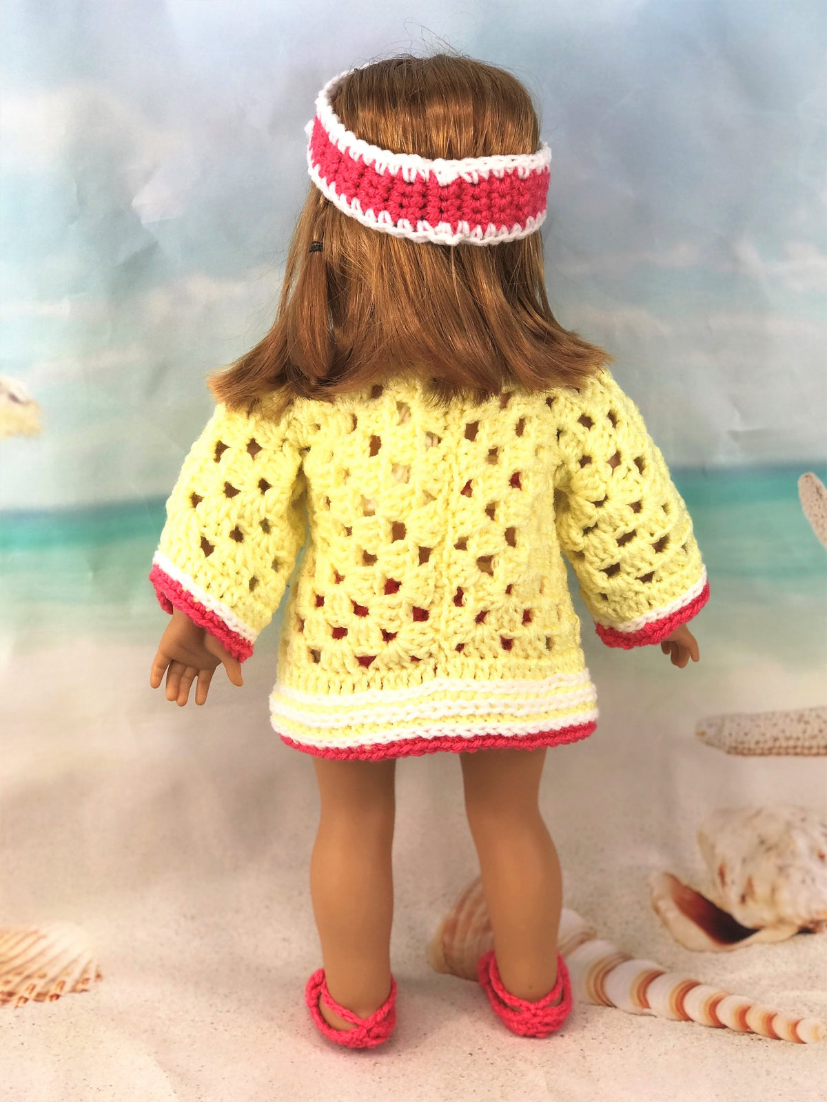 18" Doll Swimsuit Crochet PDF pattern, Doll sun visor, cover-up, bikini sandals crochet pattern, 18" Doll crochet doll clothes pattern