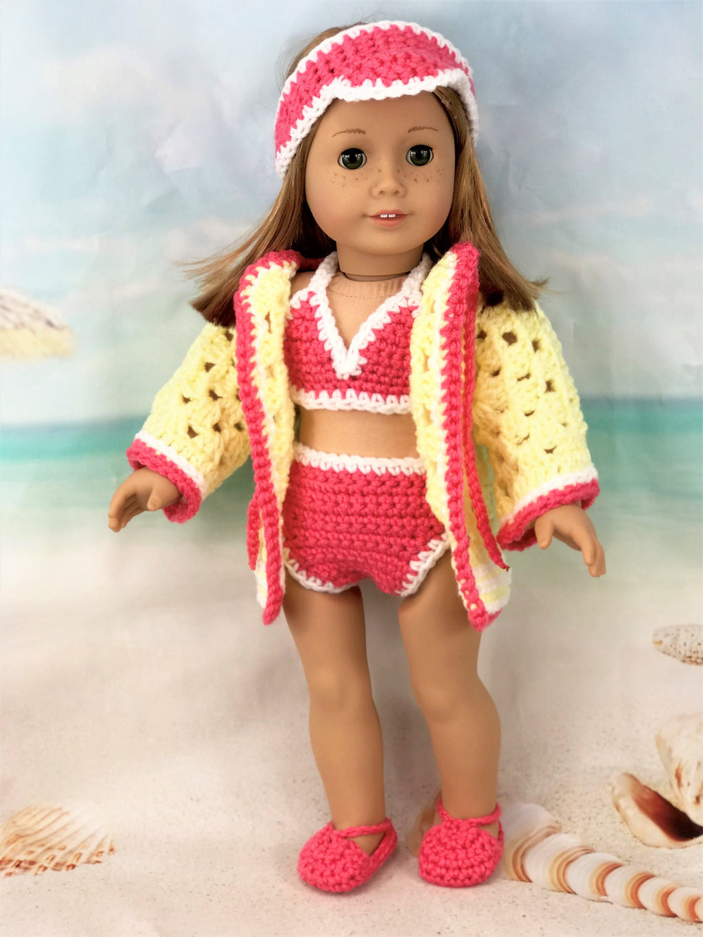 18" Doll Swimsuit Crochet PDF pattern, Doll sun visor, cover-up, bikini sandals crochet pattern, 18" Doll crochet doll clothes pattern
