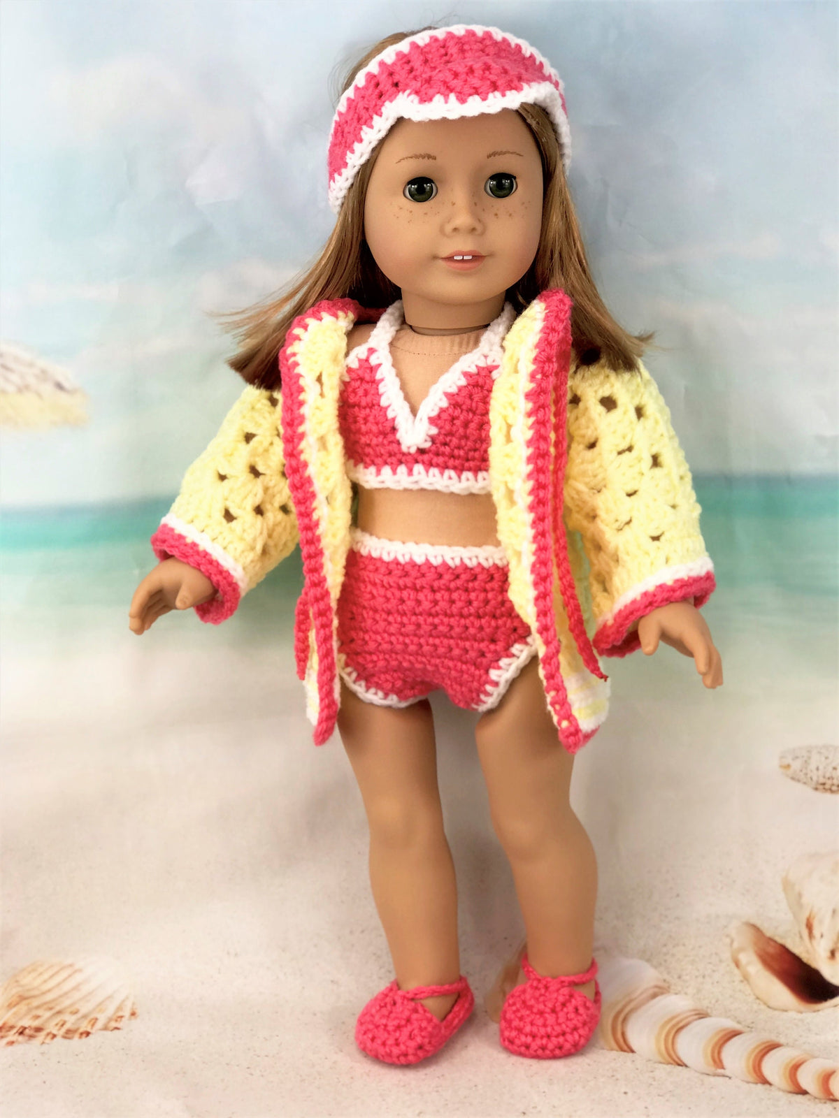 18" Doll Swimsuit Crochet PDF pattern, Doll sun visor, cover-up, bikini sandals crochet pattern, 18" Doll crochet doll clothes pattern