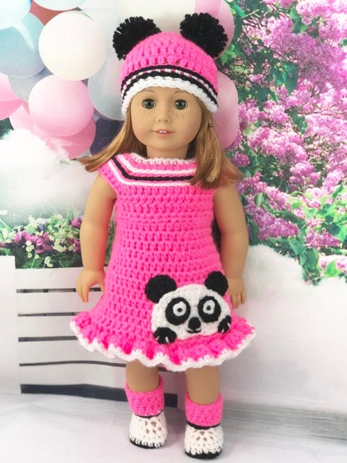 Pink Panda Outfit 18" doll Crochet PDF pattern, doll pompom hat pattern, doll dress crochet pdf pattern, crochet doll clothes pattern