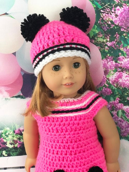 Pink Panda Outfit 18" doll Crochet PDF pattern, doll pompom hat pattern, doll dress crochet pdf pattern, crochet doll clothes pattern