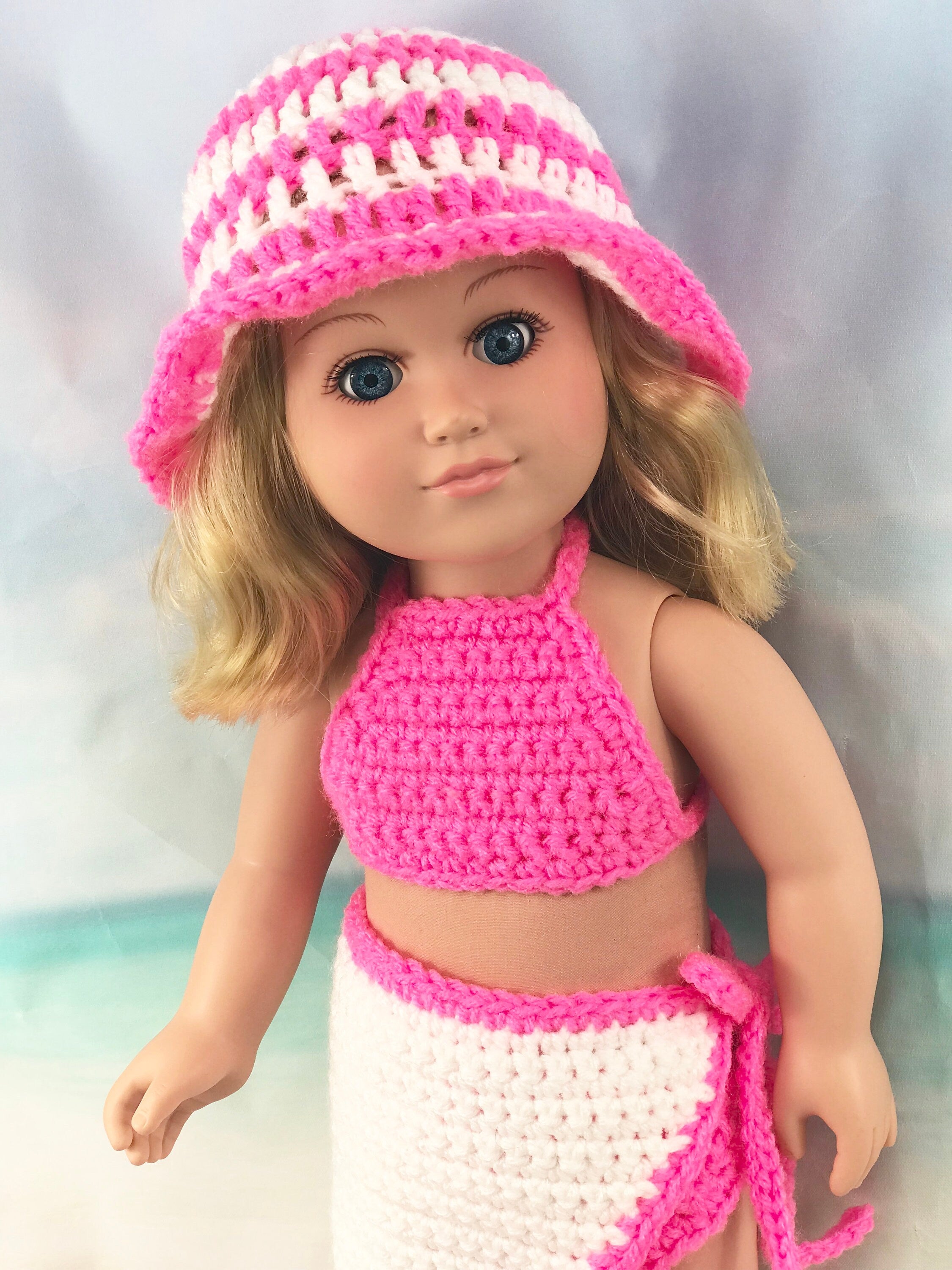 18" Doll Swimwear Crochet PDF pattern, Doll sunhat sarong sandals swimsuit crochet pattern, 18" Doll crochet doll clothes pattern