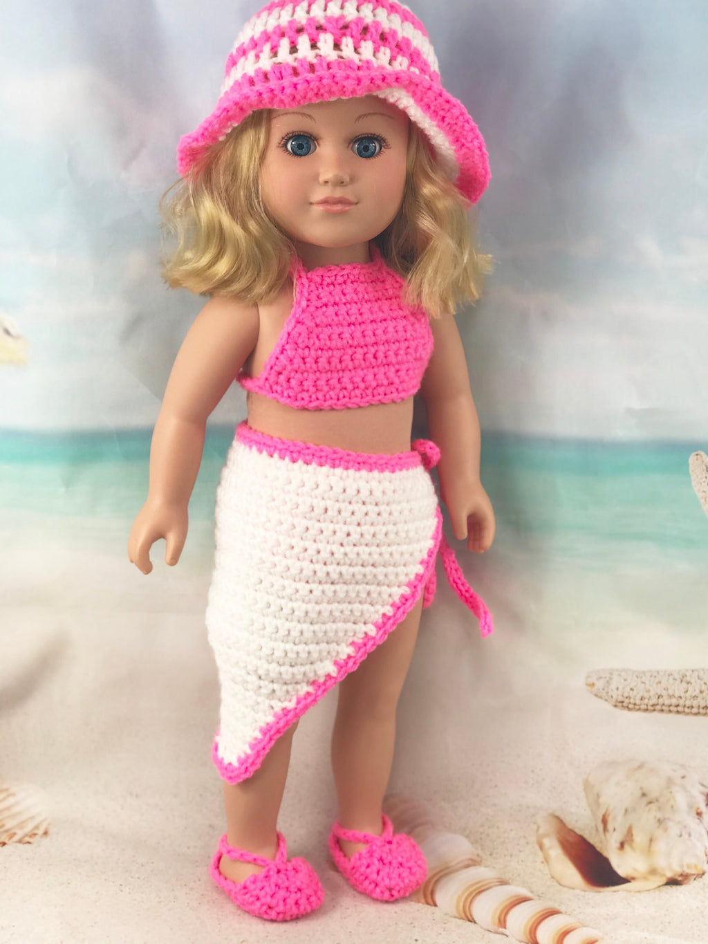 18" Doll Swimwear Crochet PDF pattern, Doll sunhat sarong sandals swimsuit crochet pattern, 18" Doll crochet doll clothes pattern