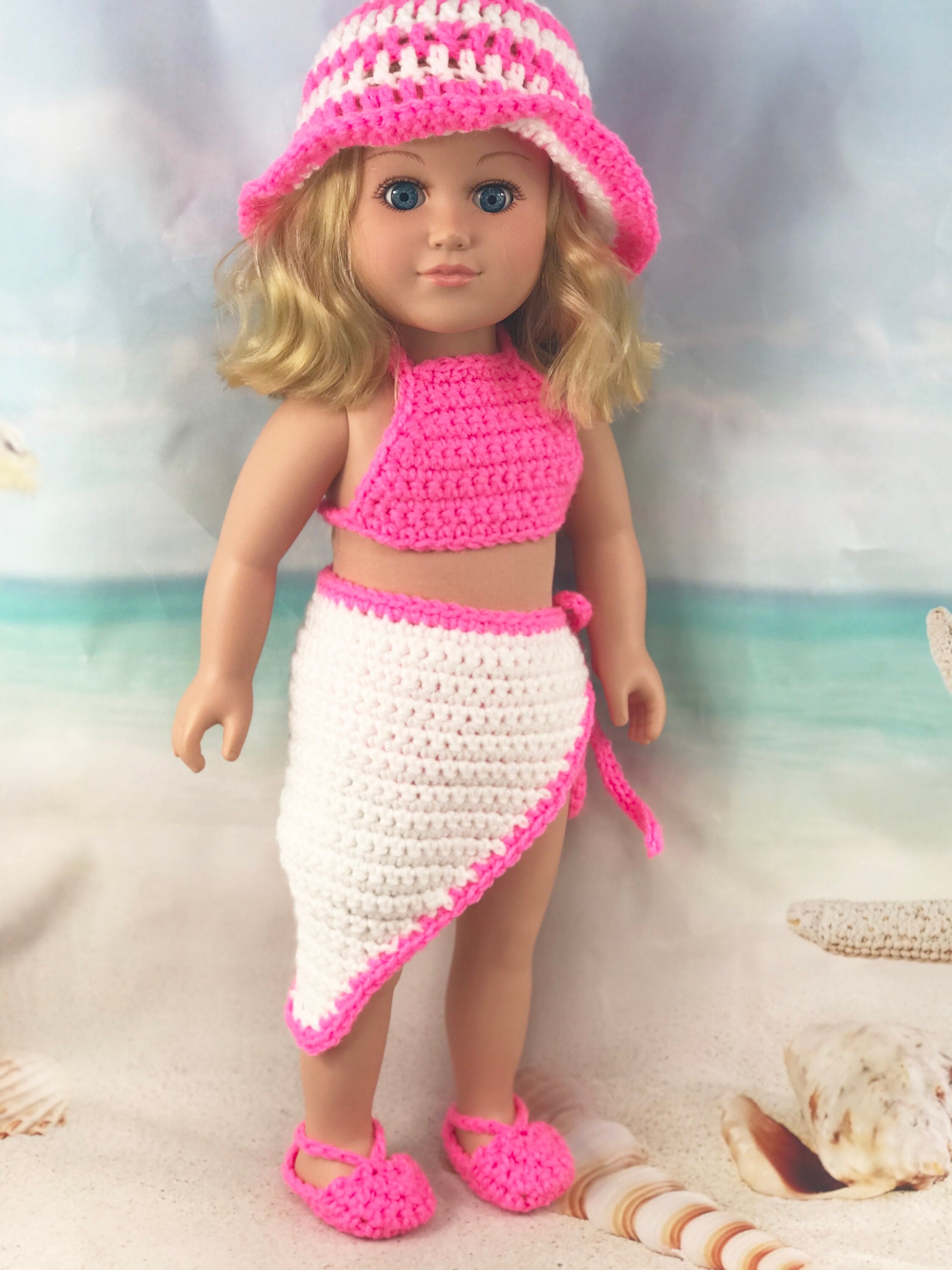 18" Doll Swimwear Crochet PDF pattern, Doll sunhat sarong sandals swimsuit crochet pattern, 18" Doll crochet doll clothes pattern