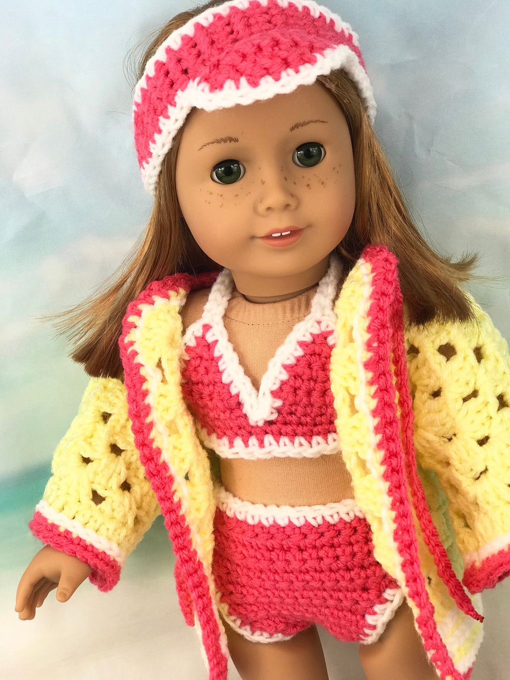 18" Doll Swimsuit Crochet PDF pattern, Doll sun visor, cover-up, bikini sandals crochet pattern, 18" Doll crochet doll clothes pattern