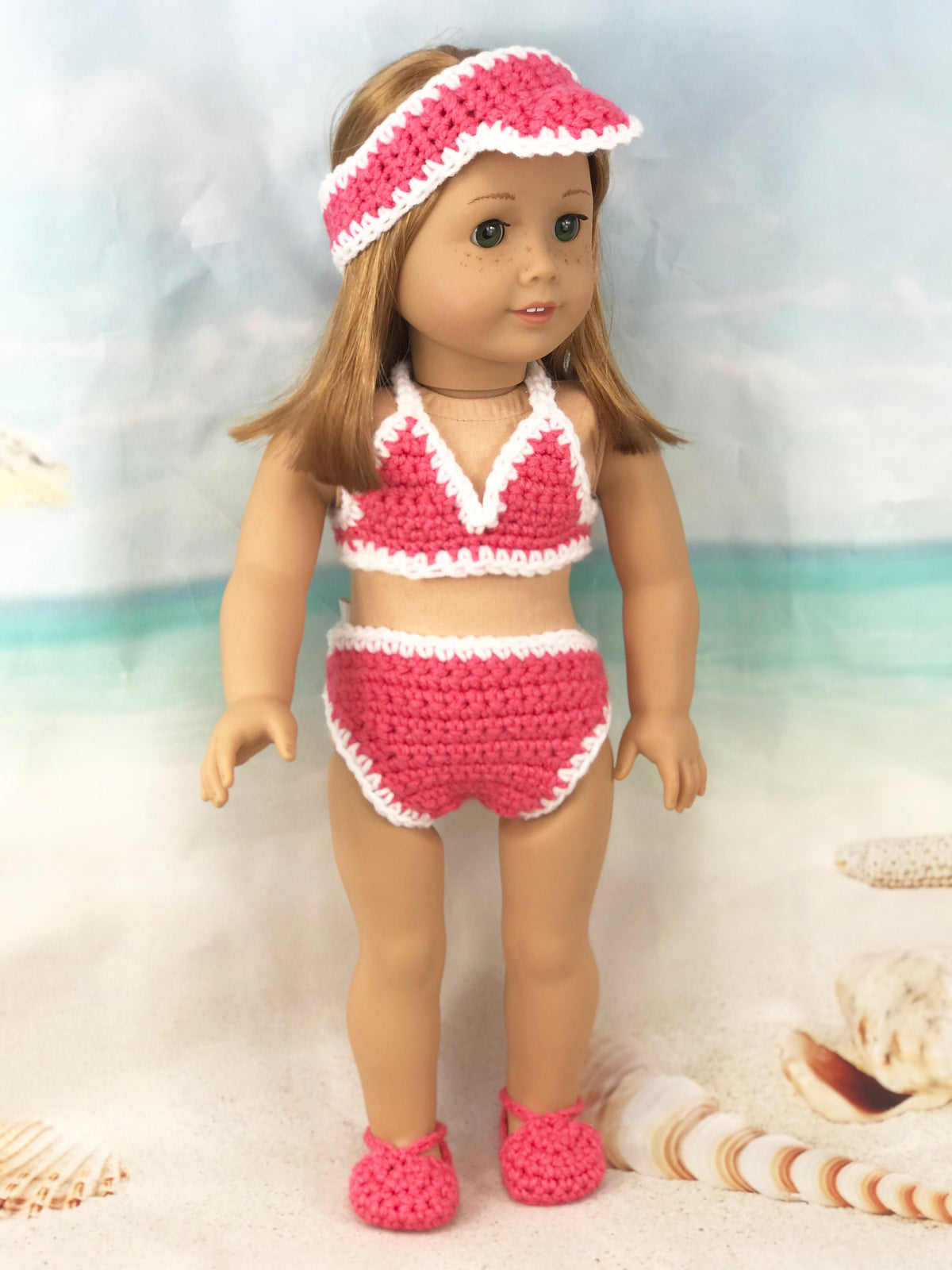 18" Doll Swimsuit Crochet PDF pattern, Doll sun visor, cover-up, bikini sandals crochet pattern, 18" Doll crochet doll clothes pattern