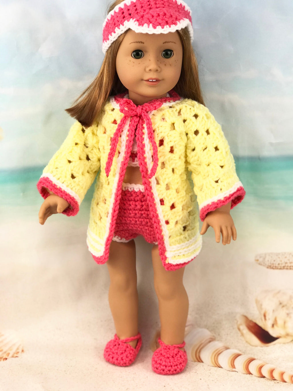 18" Doll Swimsuit Crochet PDF pattern, Doll sun visor, cover-up, bikini sandals crochet pattern, 18" Doll crochet doll clothes pattern