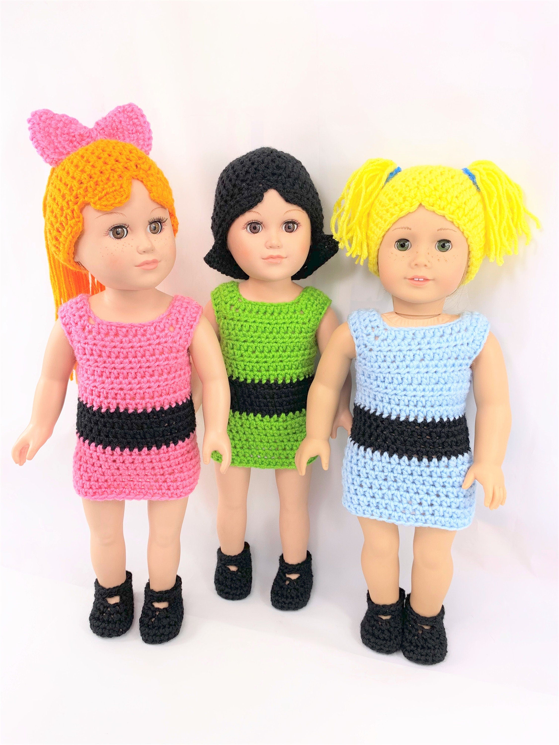 Crochet PDF pattern to make 3 18" Doll clothes outfits with wigs,  yellow hair wig, orange hair wig, black hair wig, crochet clothes pattern