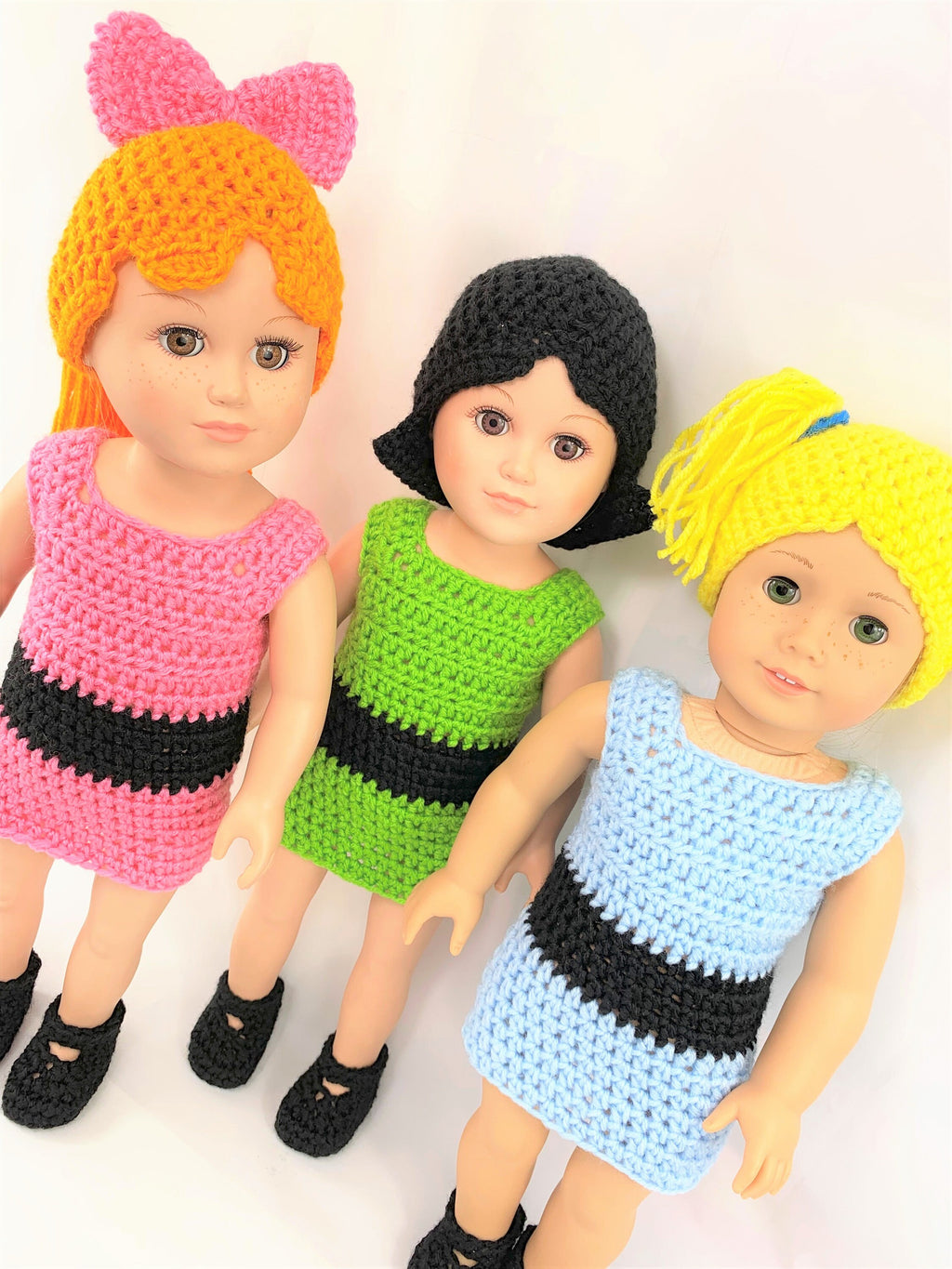 Crochet PDF pattern to make 3 18" Doll clothes outfits with wigs,  yellow hair wig, orange hair wig, black hair wig, crochet clothes pattern