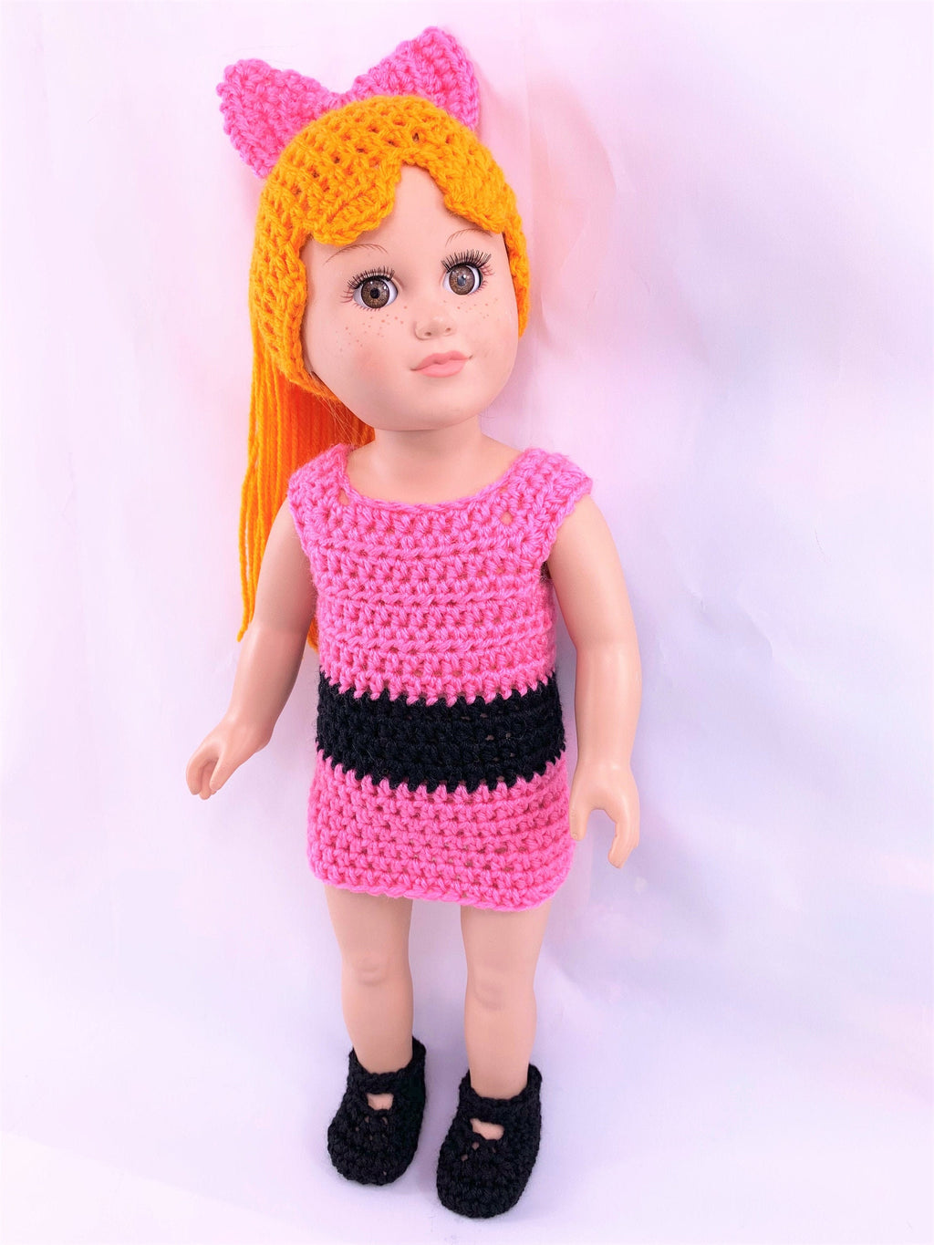 Crochet PDF pattern to make 18" Doll halloween outfit, crochet doll clothes pattern, Pink and orange, doll wig pattern