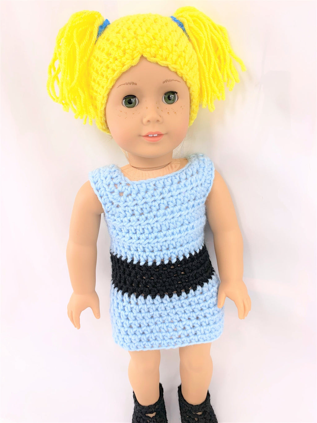 Crochet PDF pattern to make 18" Bubbles Doll Halloween outfit, crochet doll clothes pattern, blue and black, yellow doll wig pattern