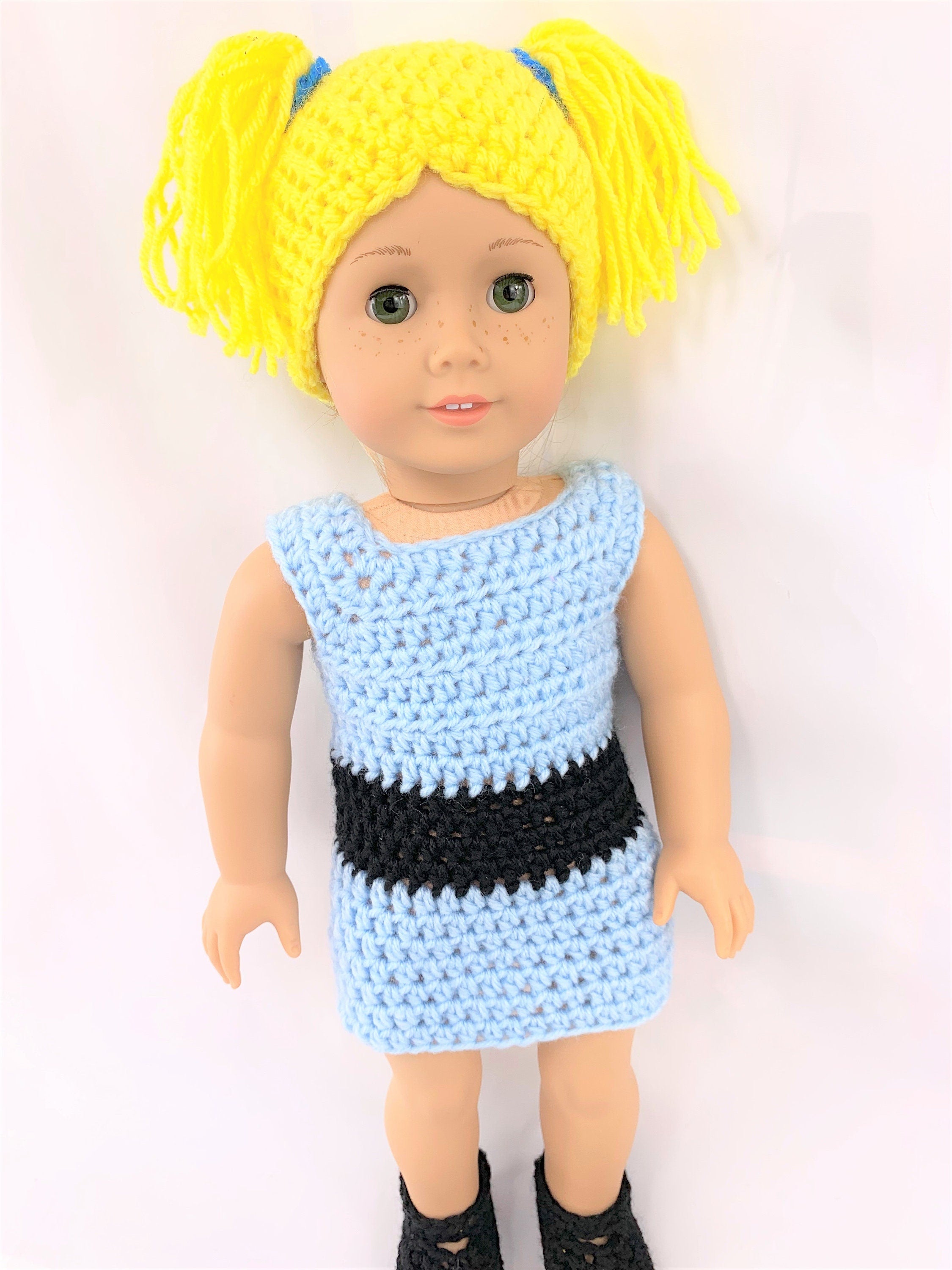 Crochet PDF pattern to make 18" Bubbles Doll Halloween outfit, crochet doll clothes pattern, blue and black, yellow doll wig pattern