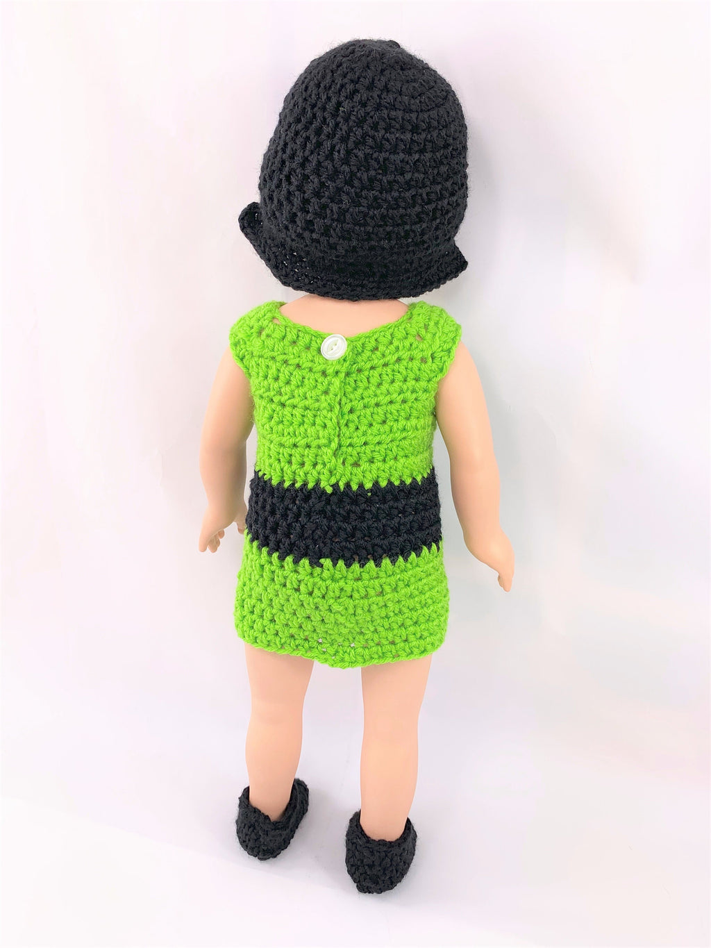 Crochet PDF pattern to make 18" Buttercup Doll Halloween black wig outfit, crochet doll clothes pattern, green and black, doll wig pattern