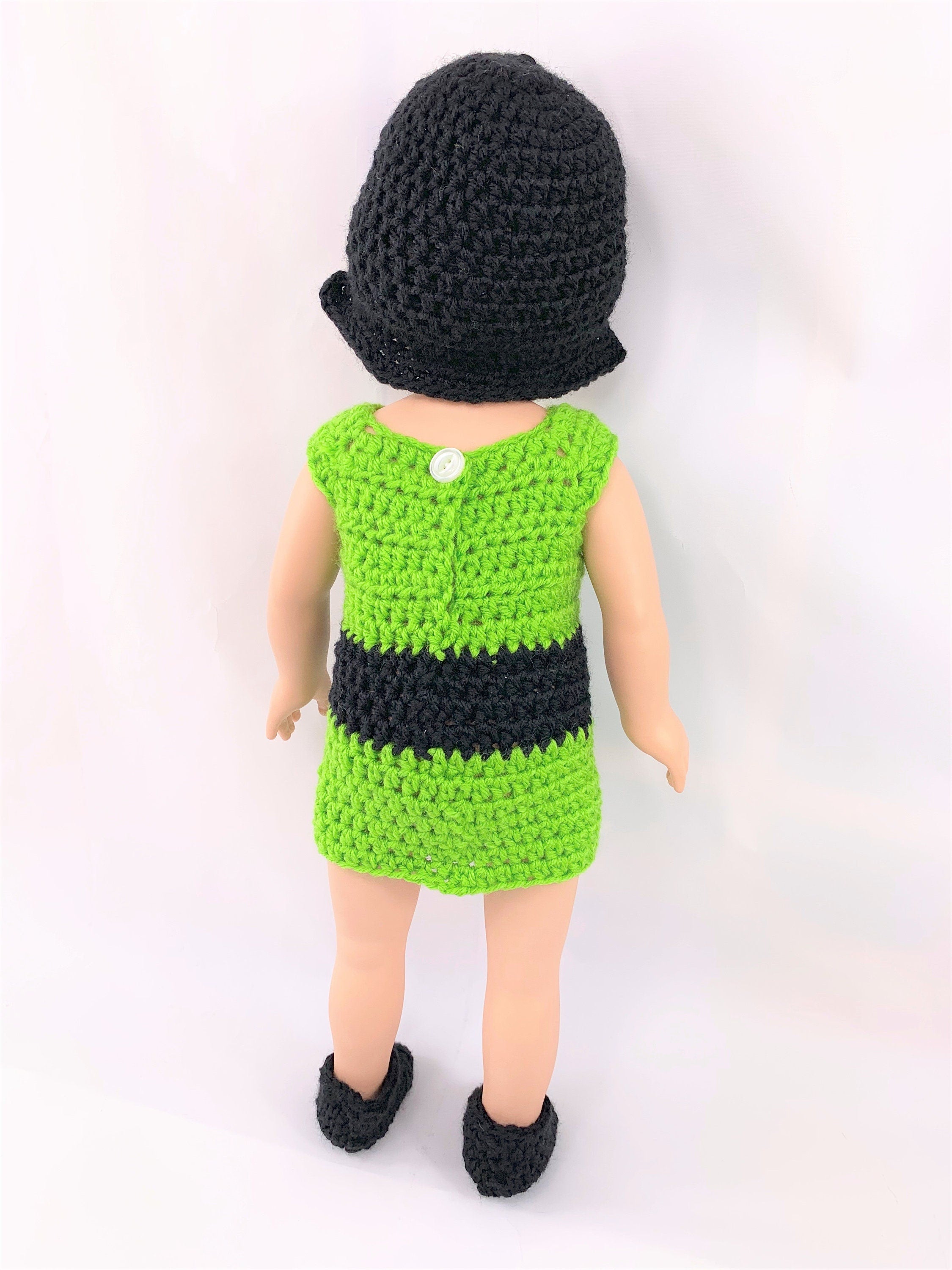 Crochet PDF pattern to make 18" Buttercup Doll Halloween black wig outfit, crochet doll clothes pattern, green and black, doll wig pattern