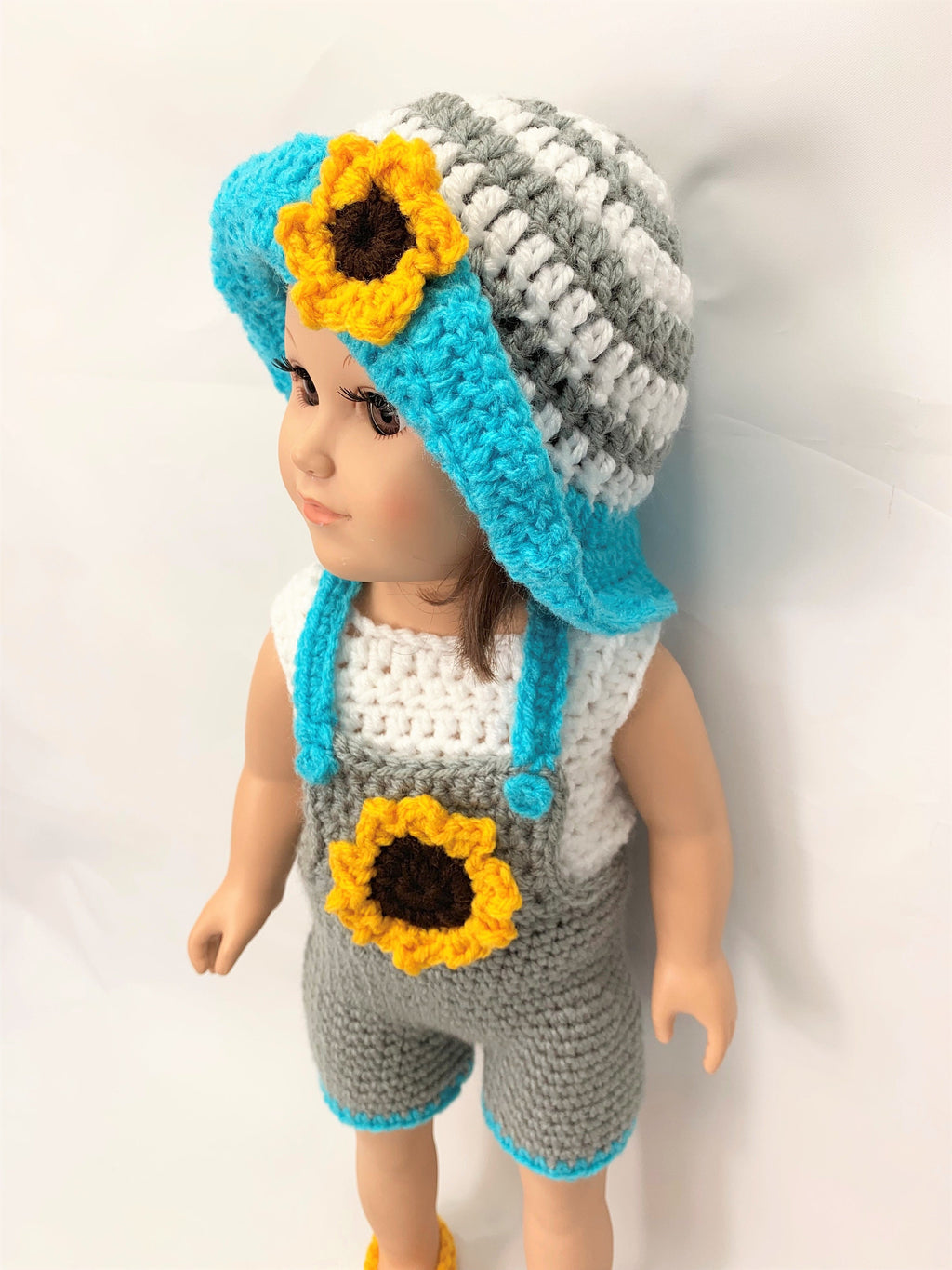18" doll Crochet Pattern sunflower overall shorts, crochet doll clothes pattern, 18 inch doll clothes pattern, gray yellow