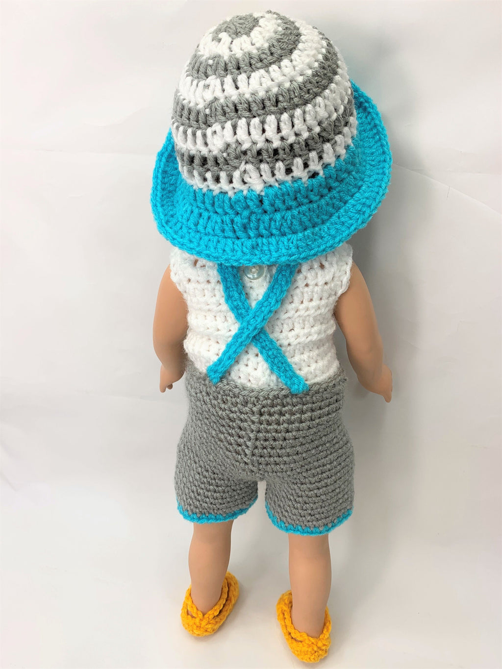 18" doll Crochet Pattern sunflower overall shorts, crochet doll clothes pattern, 18 inch doll clothes pattern, gray yellow