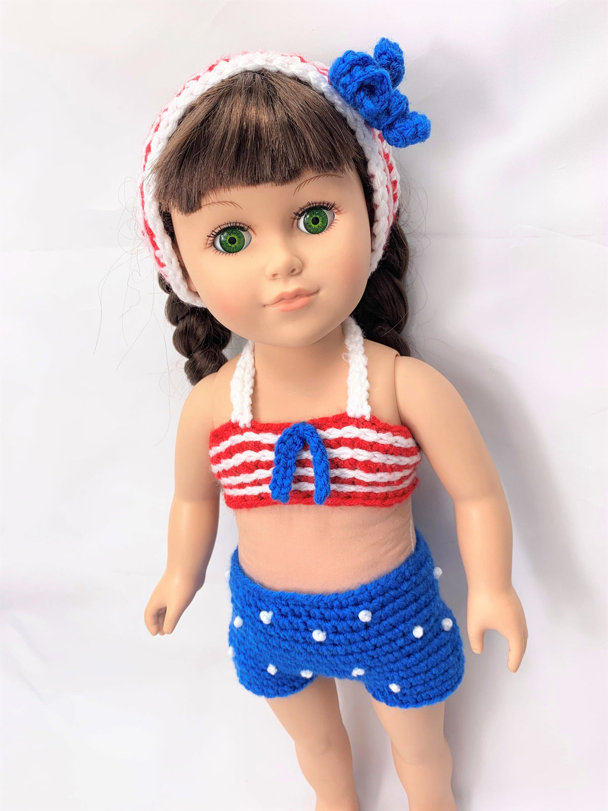 18" Doll Patriotic swimsuit crochet pattern, headband crochet doll clothes pattern, red white blue, 4th of july doll clothes