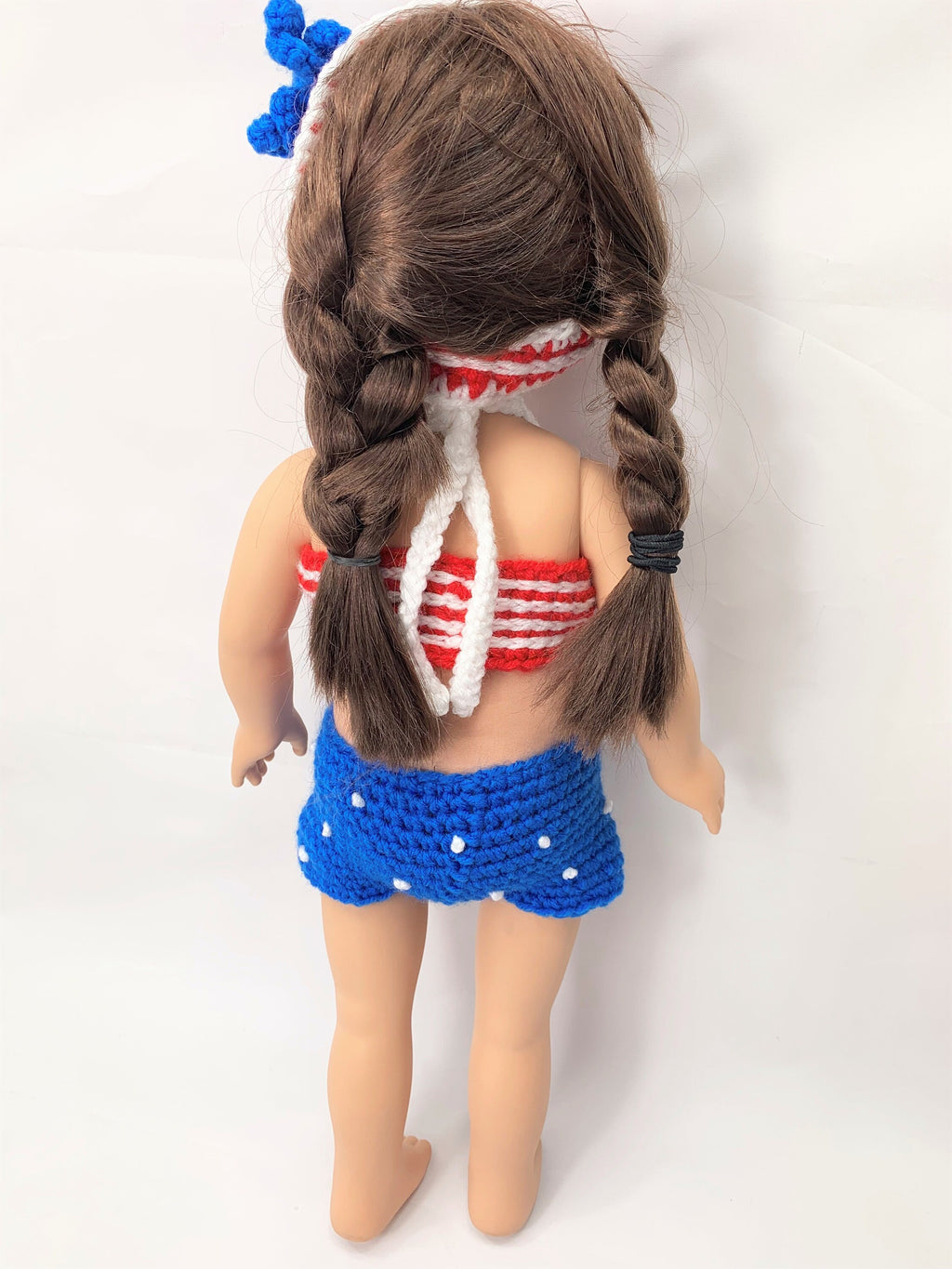 18" Doll Patriotic swimsuit crochet pattern, headband crochet doll clothes pattern, red white blue, 4th of july doll clothes
