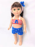 18" Doll Patriotic swimsuit crochet pattern, headband crochet doll clothes pattern, red white blue, 4th of july doll clothes