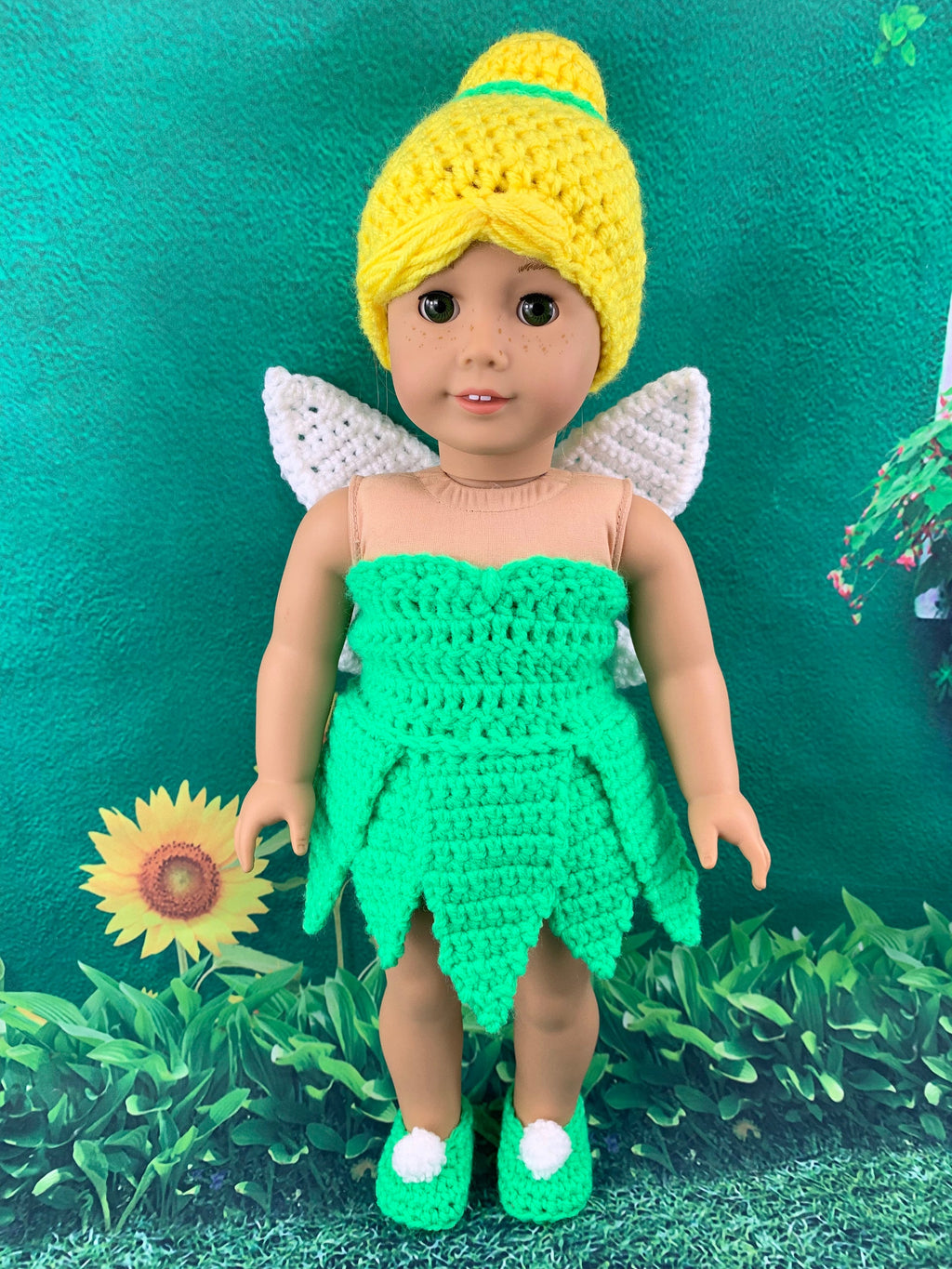 18" Doll Fairy Crochet PDF pattern, Doll clothes pattern, green fairy pattern, yellow doll wig pattern