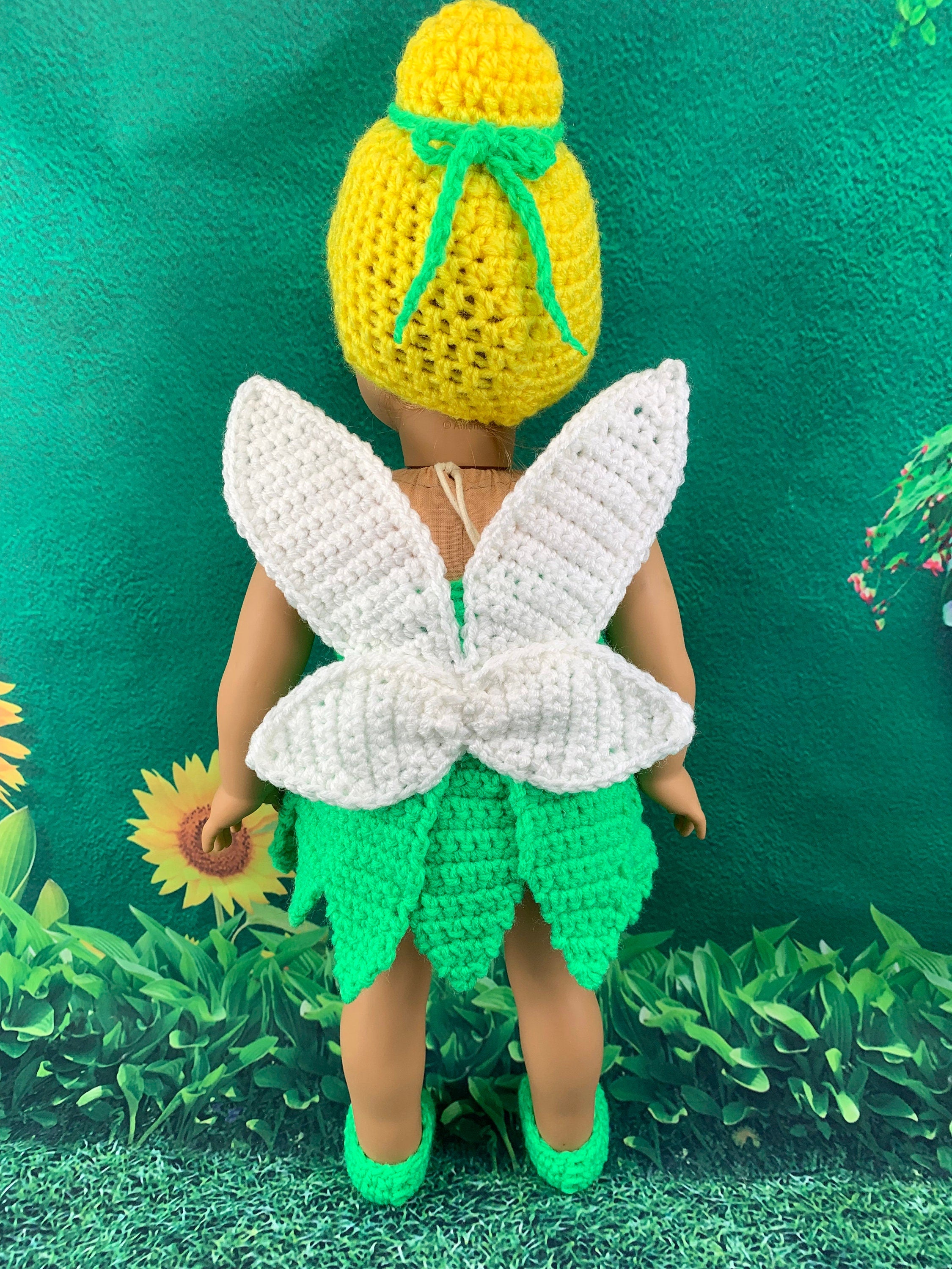 18" Doll Fairy Crochet PDF pattern, Doll clothes pattern, green fairy pattern, yellow doll wig pattern