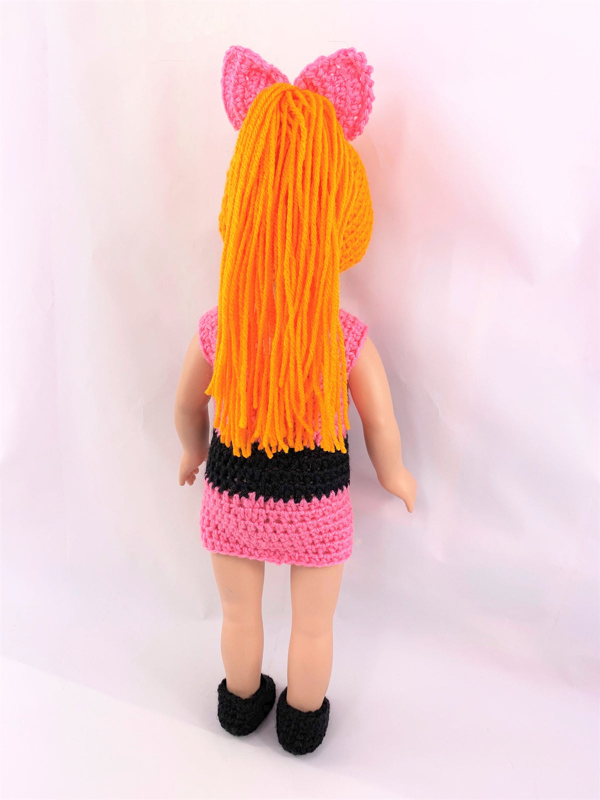 Crochet PDF pattern to make 3 18" Doll clothes outfits with wigs,  yellow hair wig, orange hair wig, black hair wig, crochet clothes pattern