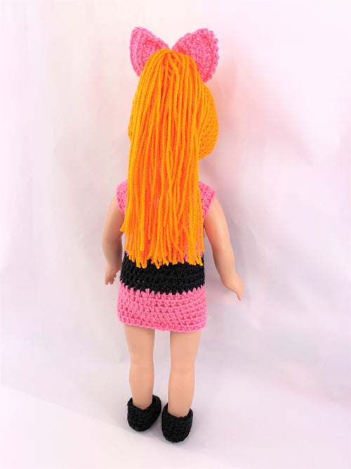 Crochet PDF pattern to make 18" Doll halloween outfit, crochet doll clothes pattern, Pink and orange, doll wig pattern