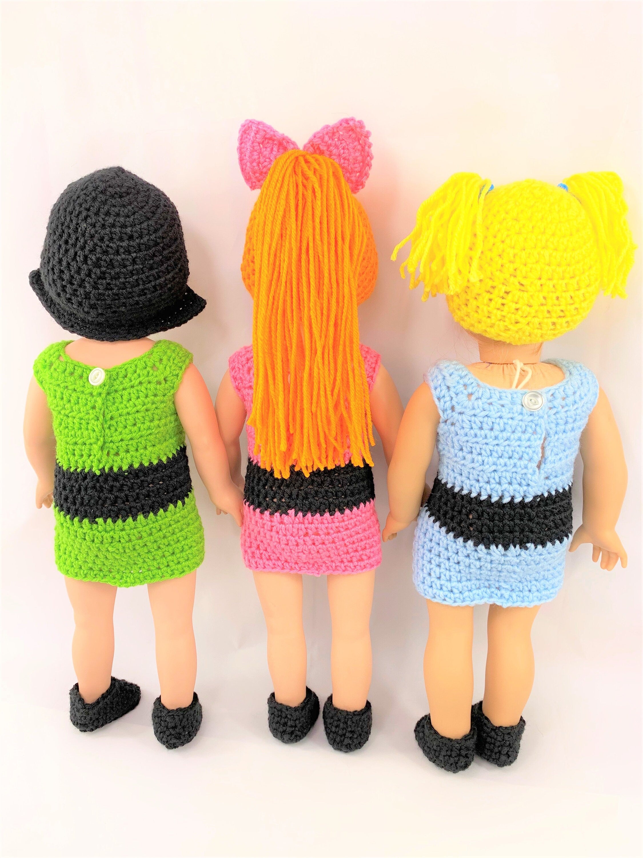 Crochet PDF pattern to make 3 18" Doll clothes outfits with wigs,  yellow hair wig, orange hair wig, black hair wig, crochet clothes pattern