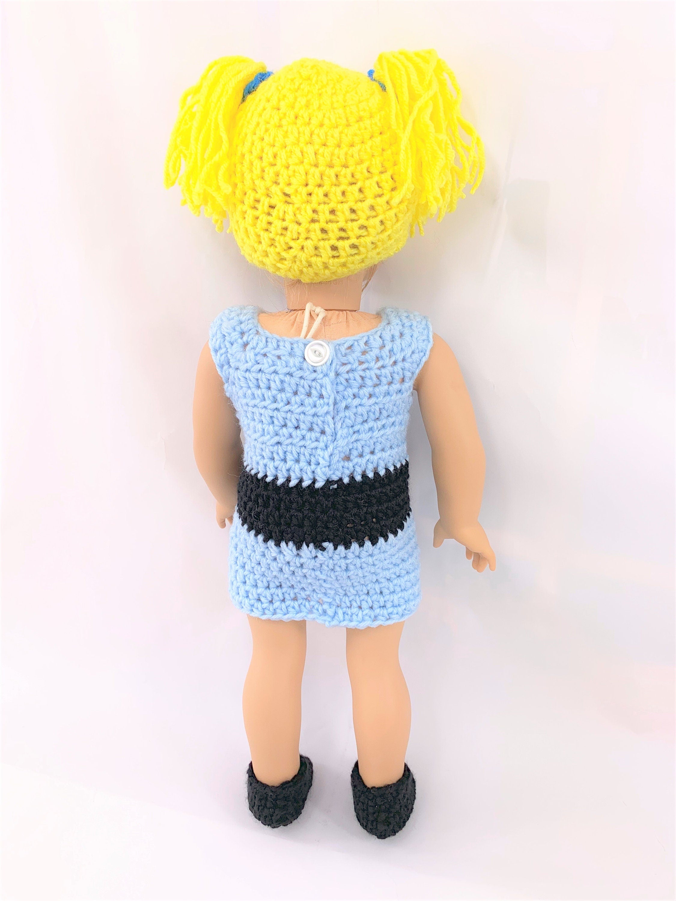 Crochet PDF pattern to make 18" Bubbles Doll Halloween outfit, crochet doll clothes pattern, blue and black, yellow doll wig pattern