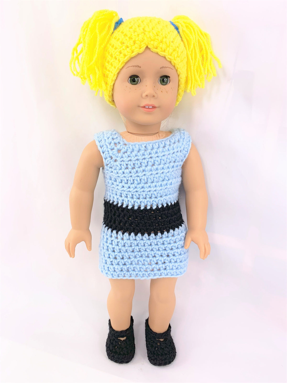 Crochet PDF pattern to make 18" Bubbles Doll Halloween outfit, crochet doll clothes pattern, blue and black, yellow doll wig pattern