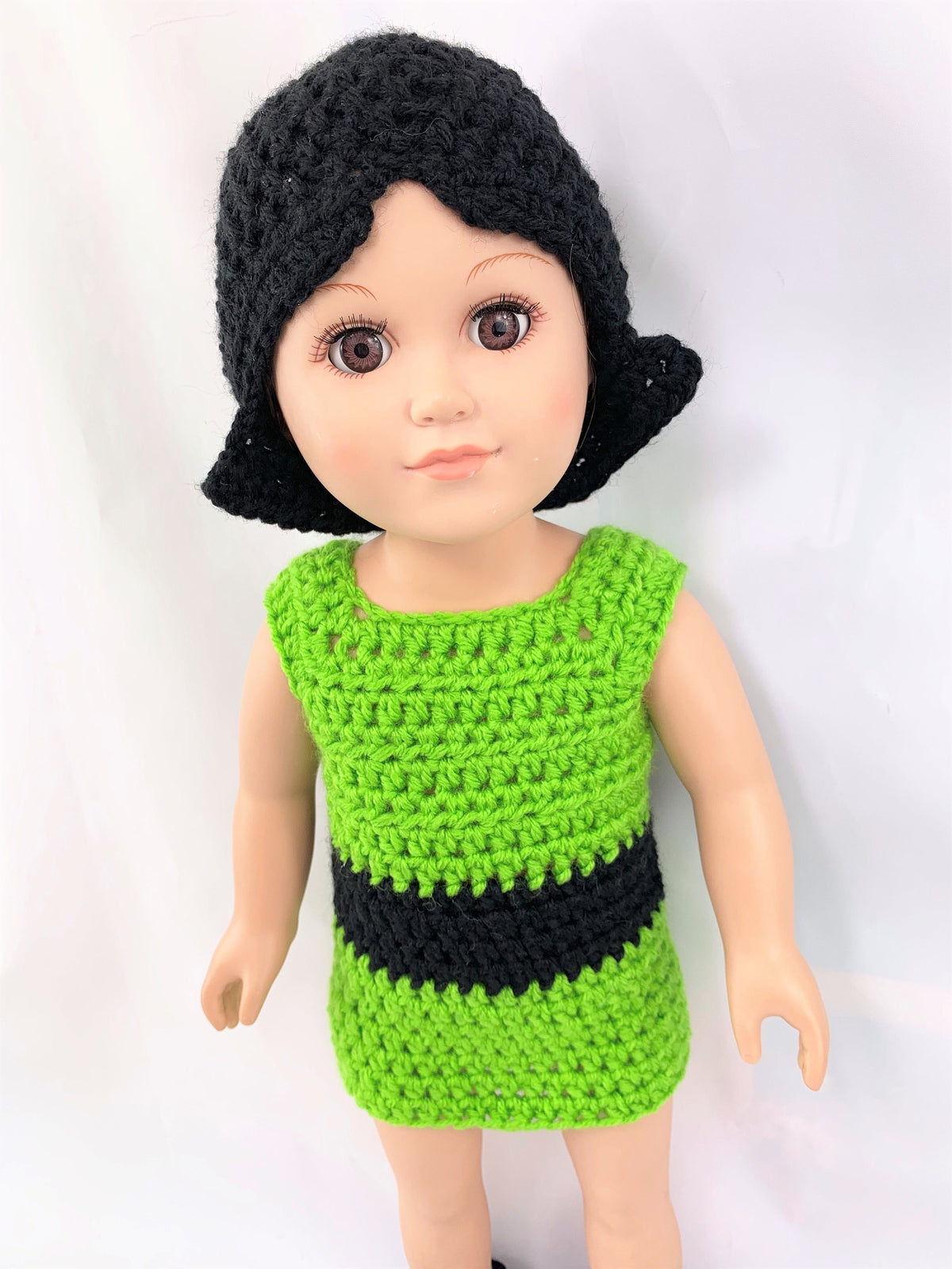 Crochet PDF pattern to make 18" Buttercup Doll Halloween black wig outfit, crochet doll clothes pattern, green and black, doll wig pattern