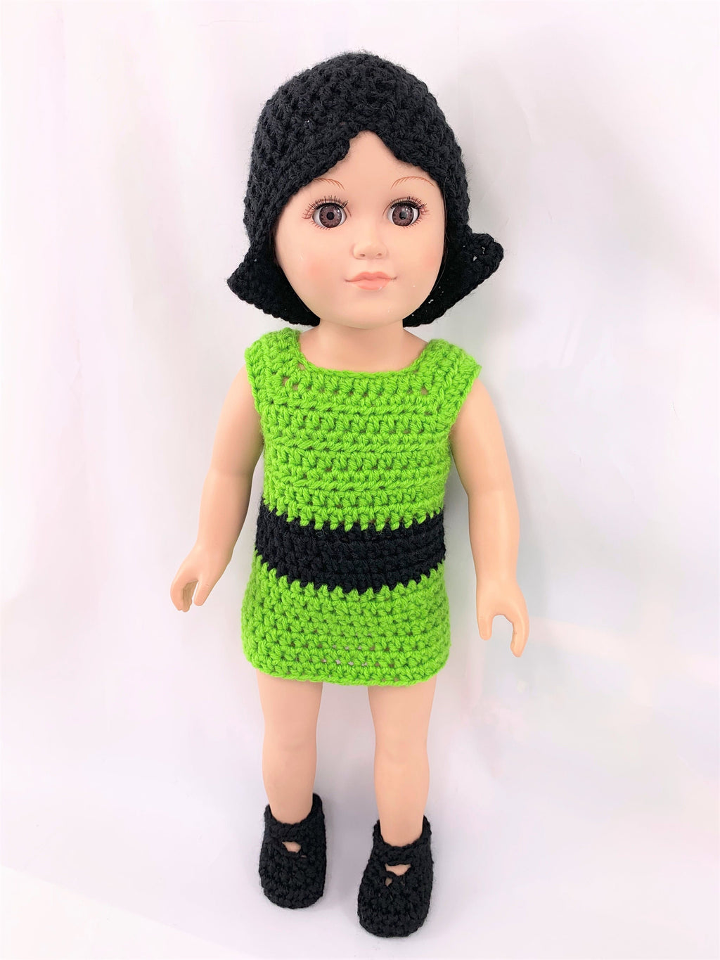 Crochet PDF pattern to make 18" Buttercup Doll Halloween black wig outfit, crochet doll clothes pattern, green and black, doll wig pattern