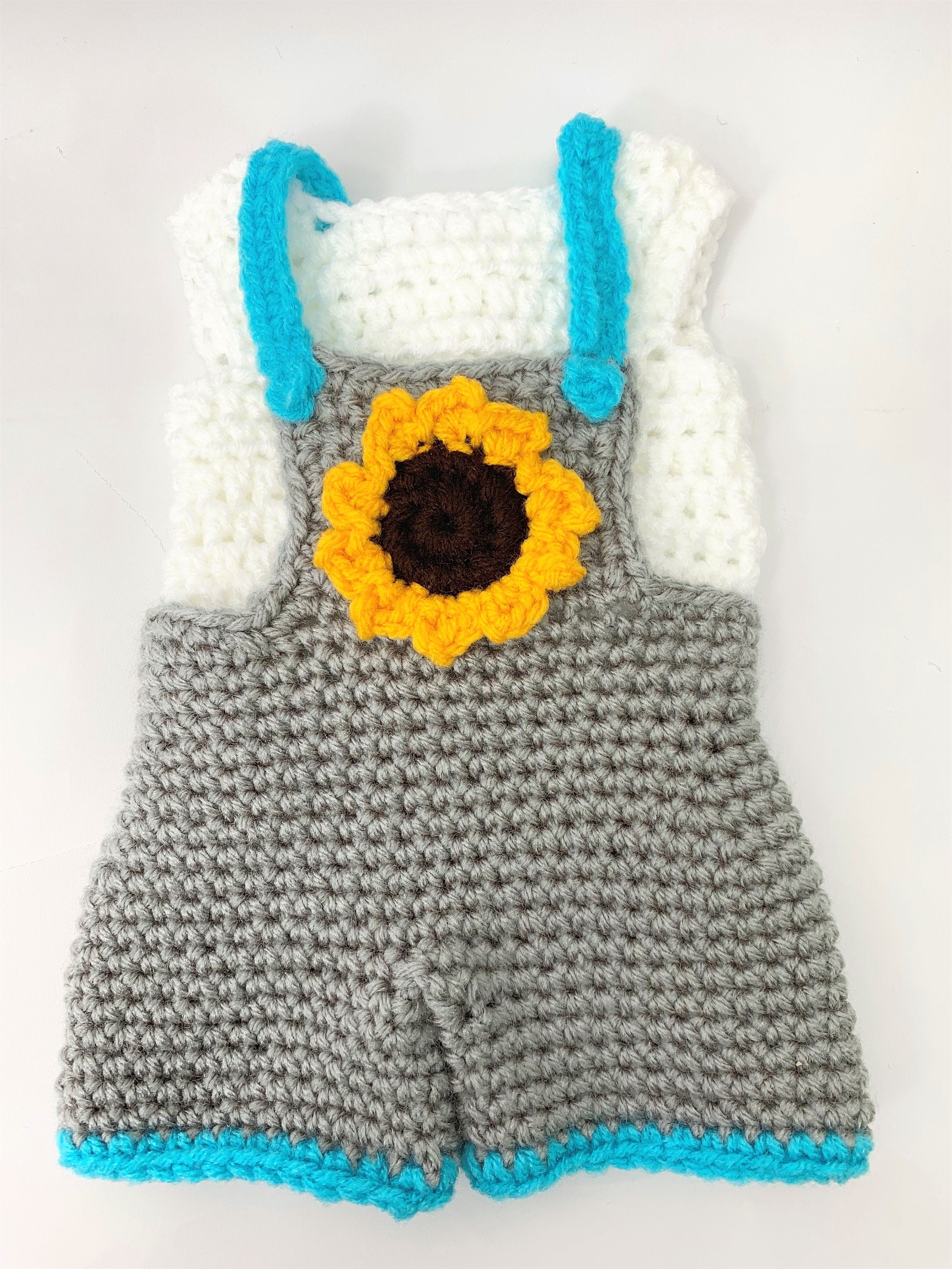 18" doll Crochet Pattern sunflower overall shorts, crochet doll clothes pattern, 18 inch doll clothes pattern, gray yellow