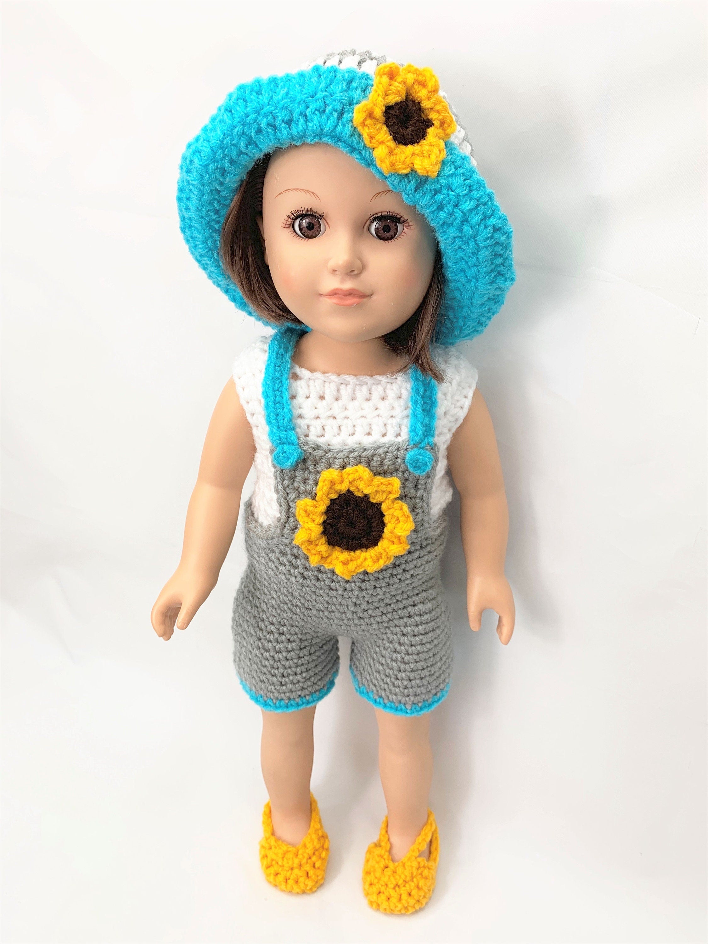 18" doll Crochet Pattern sunflower overall shorts, crochet doll clothes pattern, 18 inch doll clothes pattern, gray yellow