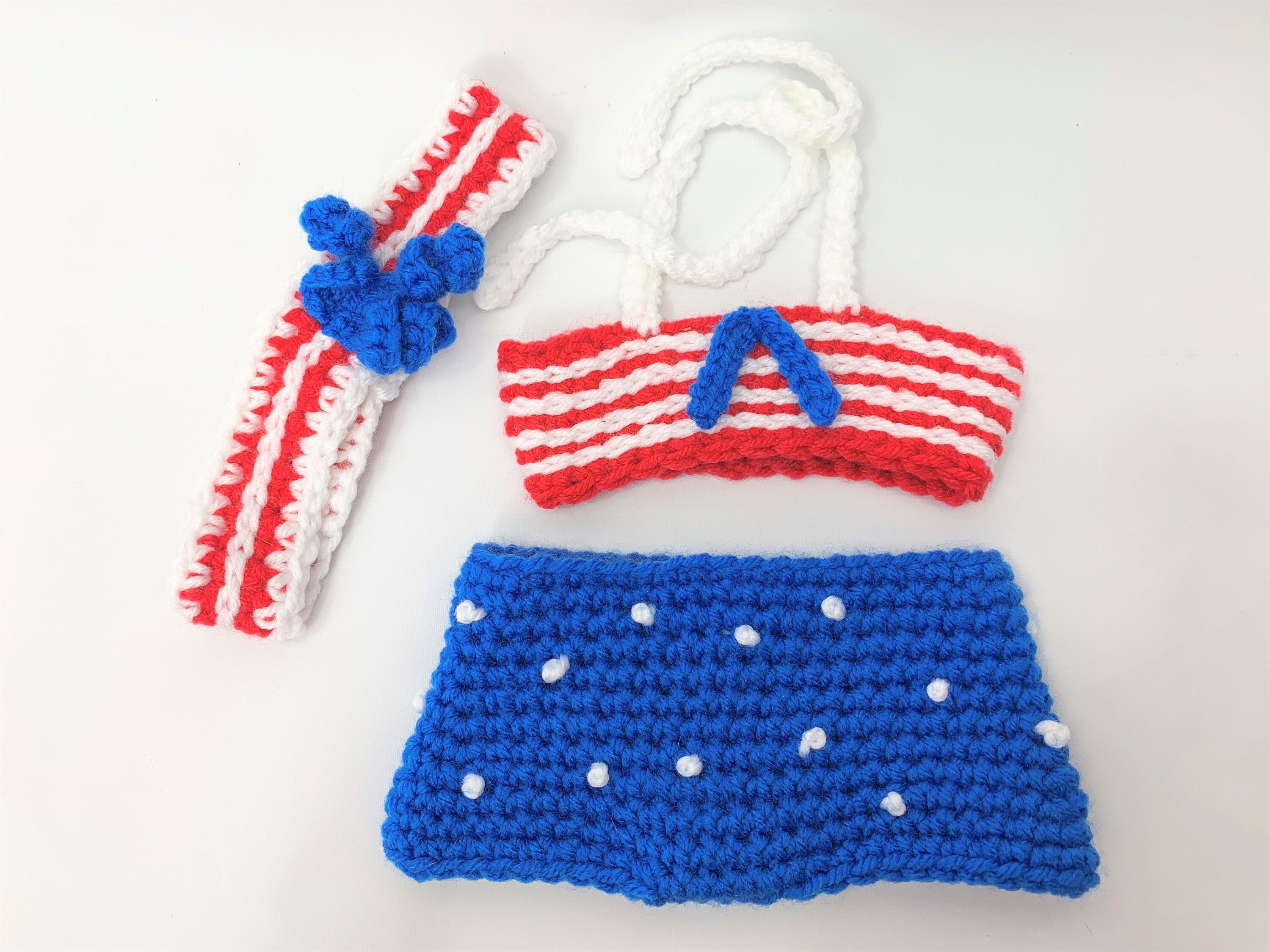18" Doll Patriotic swimsuit crochet pattern, headband crochet doll clothes pattern, red white blue, 4th of july doll clothes