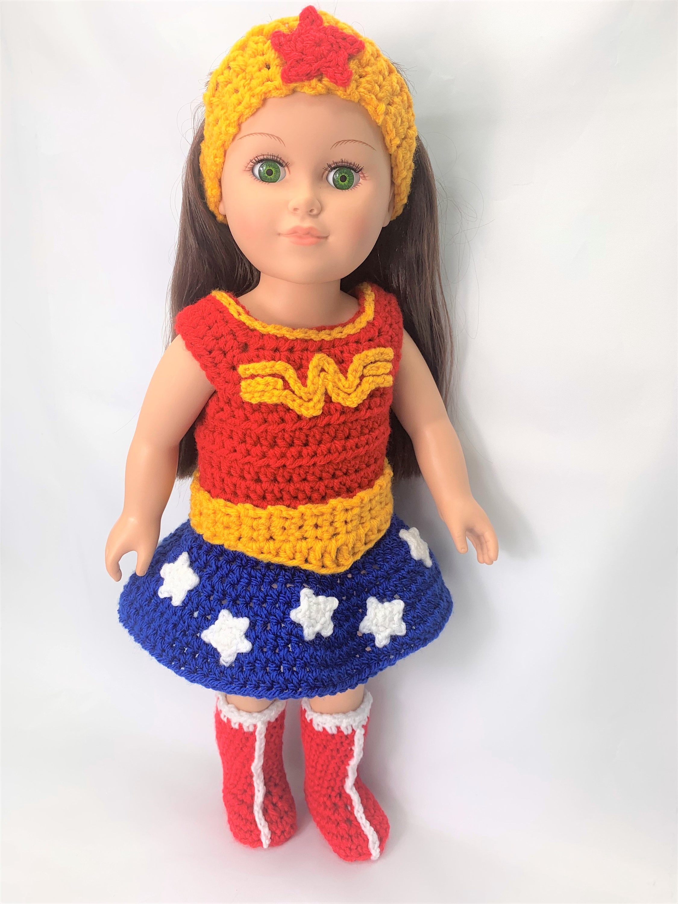 18" Doll WW Superhero Crochet pattern, 18 inch Doll halloween crochet pattern, doll boots, doll cape clothes crochet pattern, doll clothes