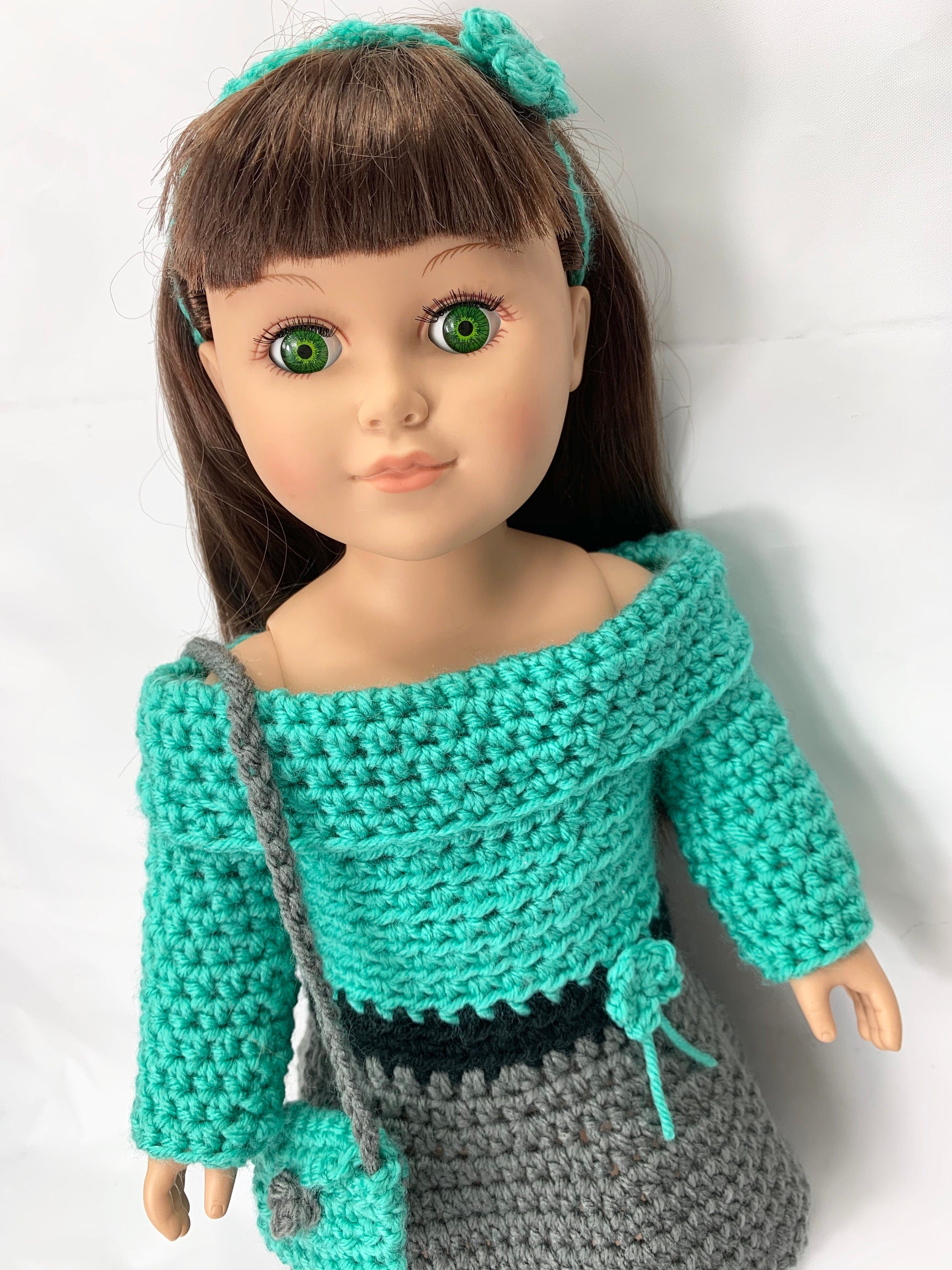 18" Doll formal dress Crochet pattern, 18 inch Doll off the shoulder dress crochet pattern, PDF, 18" doll headband, doll sandals, doll purse