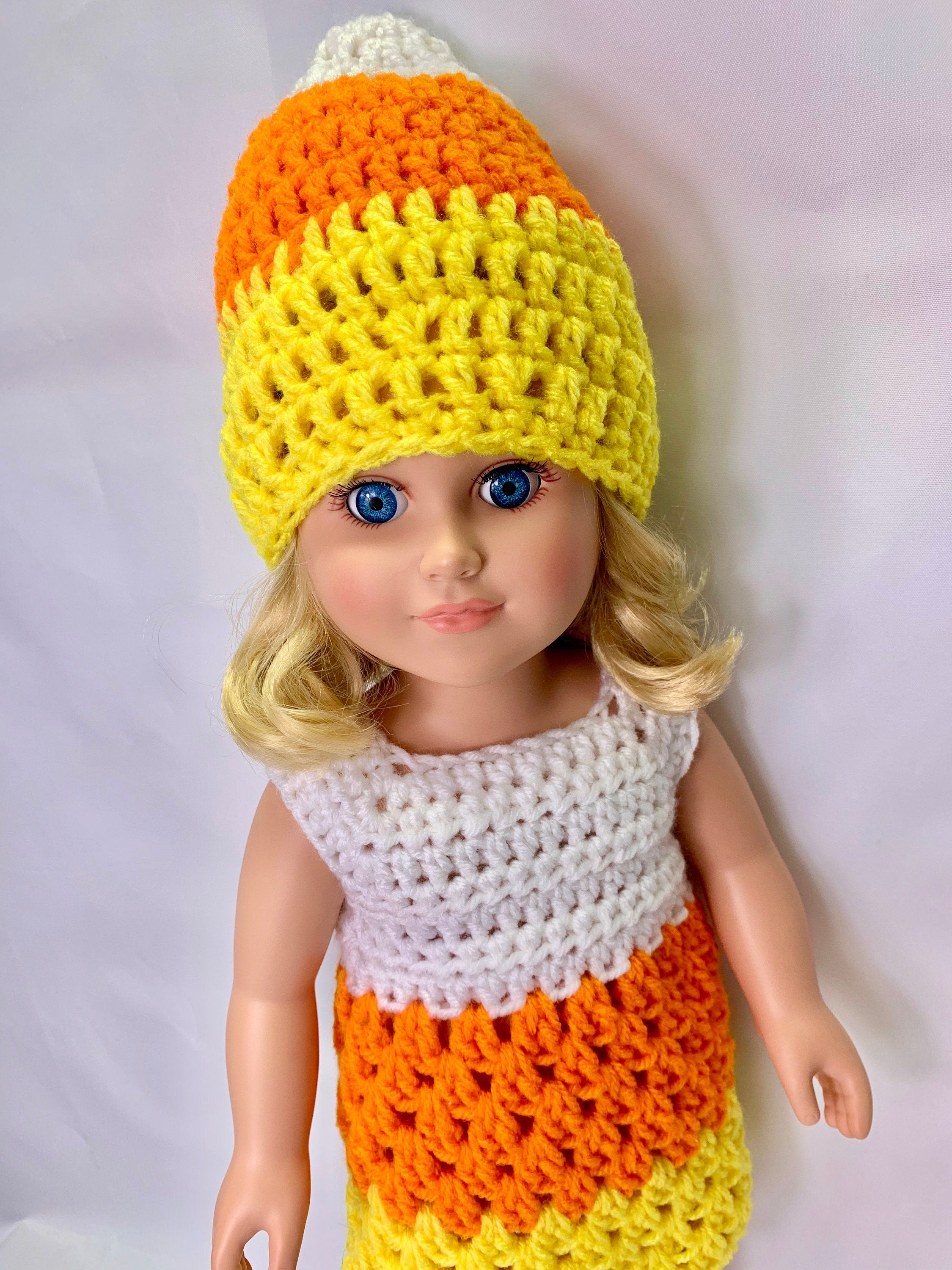 18" Doll Candy Corn Crochet Pattern, 18" Candy Corn costume, crochet 18" doll clothes pattern, doll candy corn hat, doll halloween costume