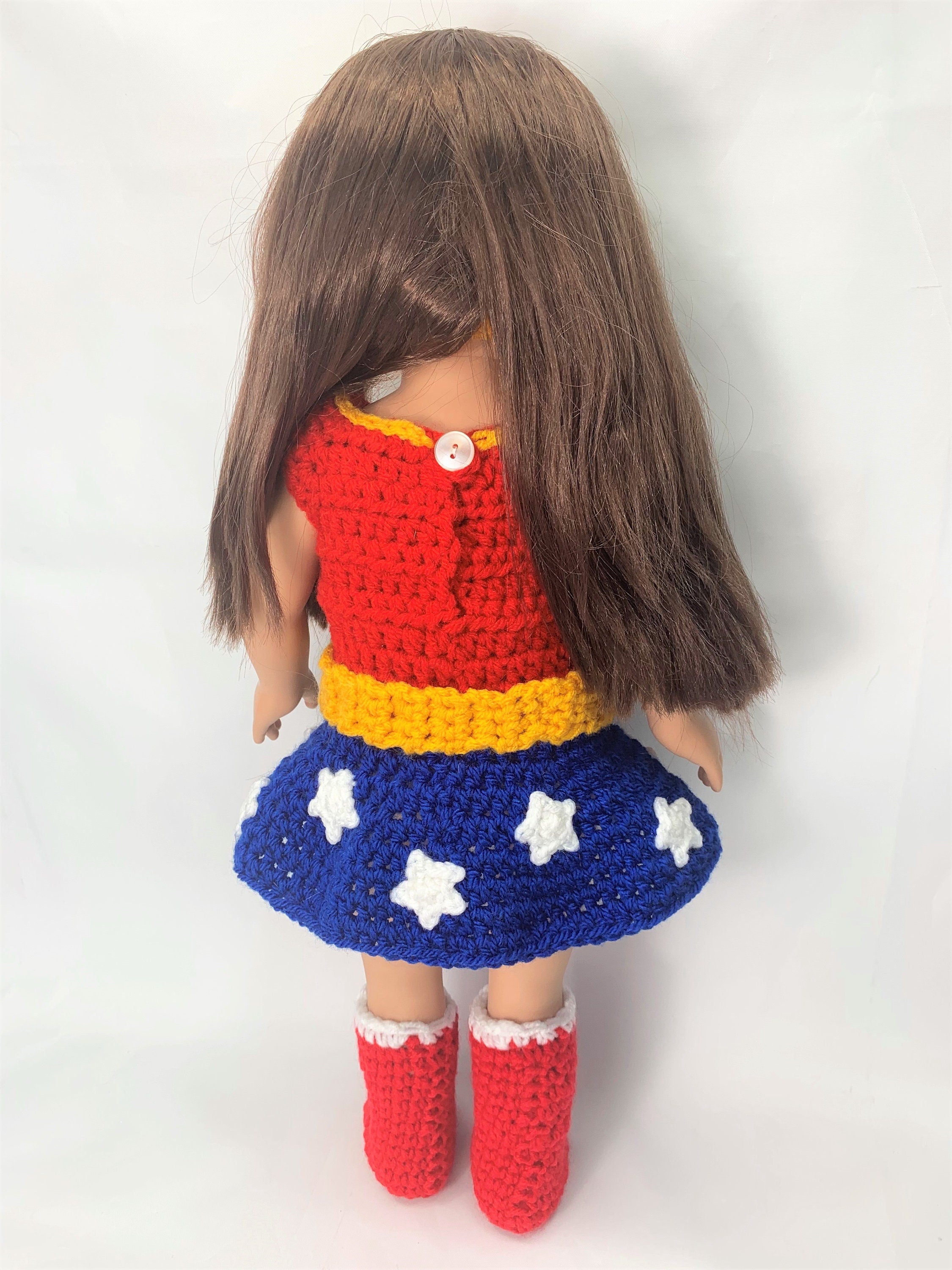 18" Doll WW Superhero Crochet pattern, 18 inch Doll halloween crochet pattern, doll boots, doll cape clothes crochet pattern, doll clothes