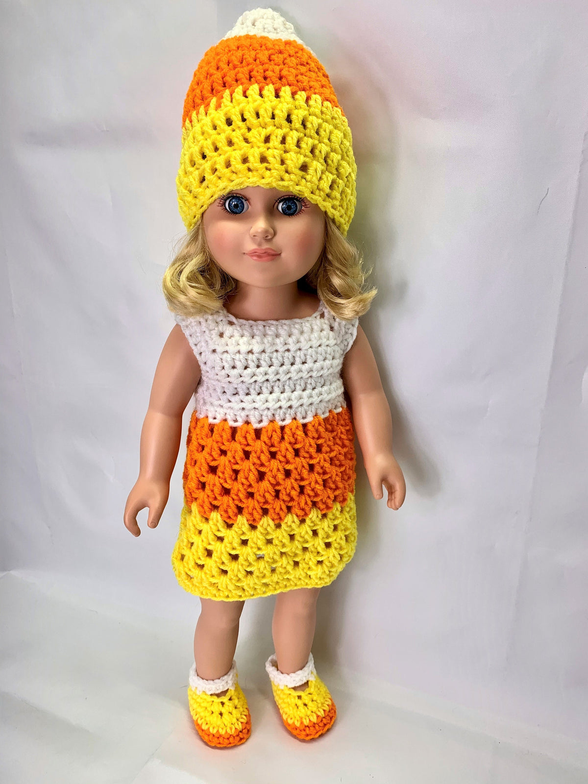 18" Doll Candy Corn Crochet Pattern, 18" Candy Corn costume, crochet 18" doll clothes pattern, doll candy corn hat, doll halloween costume