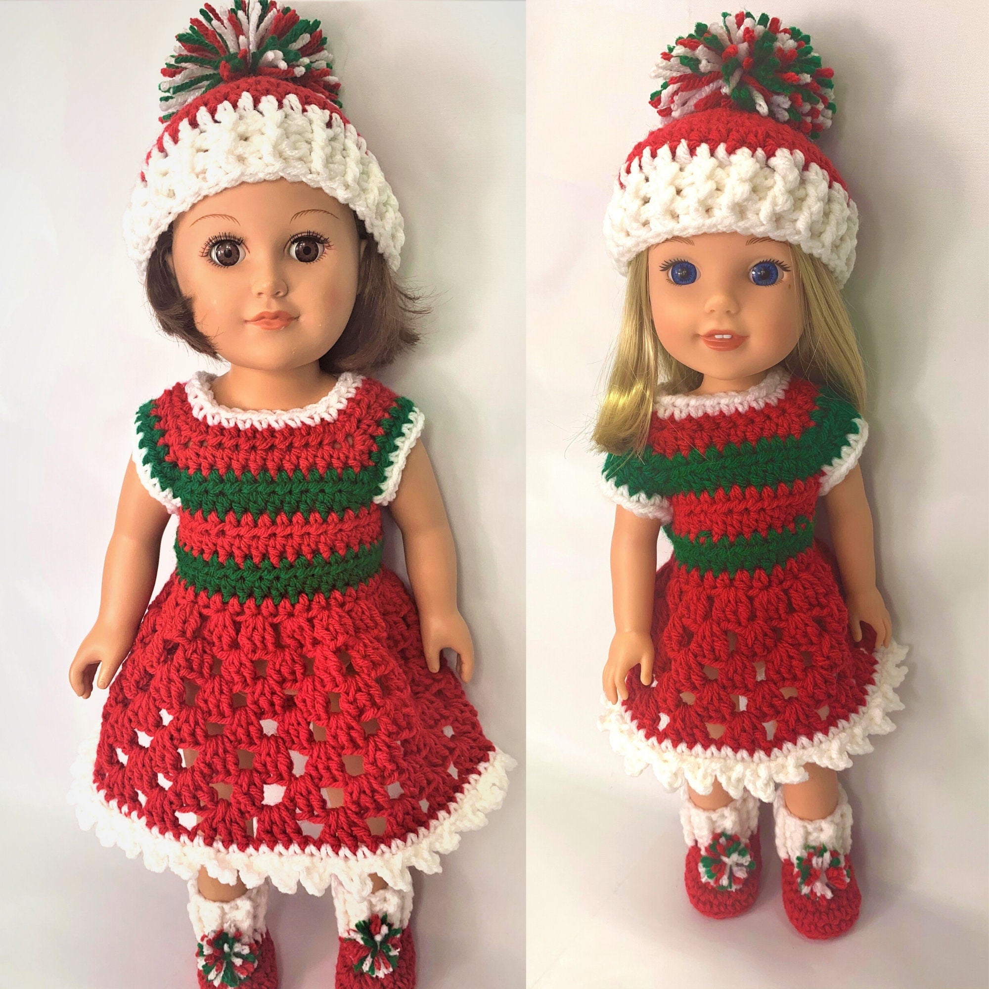 18" Doll Christmas Crochet Pattern, 14" Doll Christmas crochet pattern, crochet doll clothes pattern, doll shoes, doll hat, doll dress