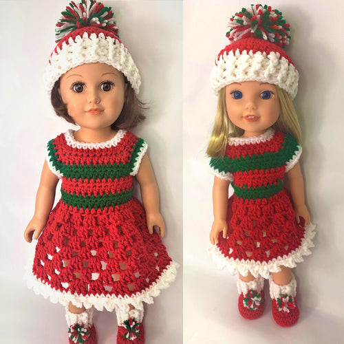 18" Doll Christmas Crochet Pattern, 14" Doll Christmas crochet pattern, crochet doll clothes pattern, doll shoes, doll hat, doll dress
