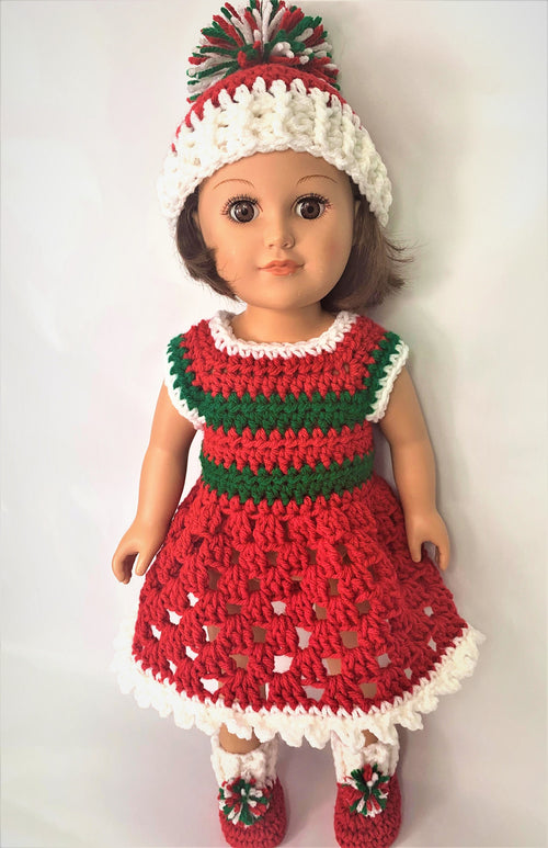 18" Doll Christmas Crochet Pattern, 14" Doll Christmas crochet pattern, crochet doll clothes pattern, doll shoes, doll hat, doll dress