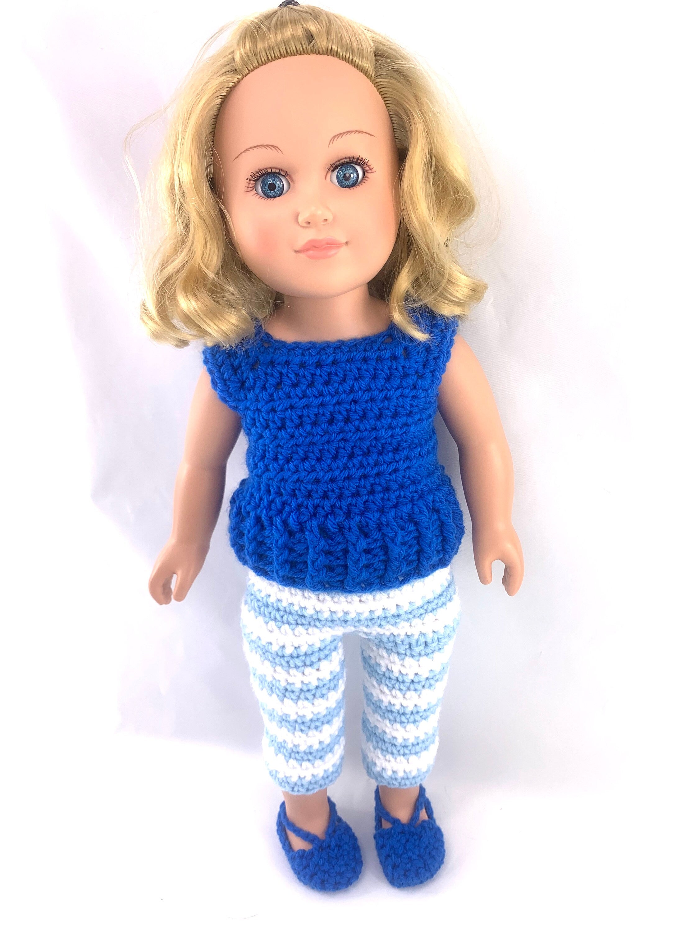 18" Doll Kinley Casual Pant Set Crochet pattern, 18 inch Doll cardigan crochet pattern, sandals, 18" doll shirt, doll shoes, doll leggings
