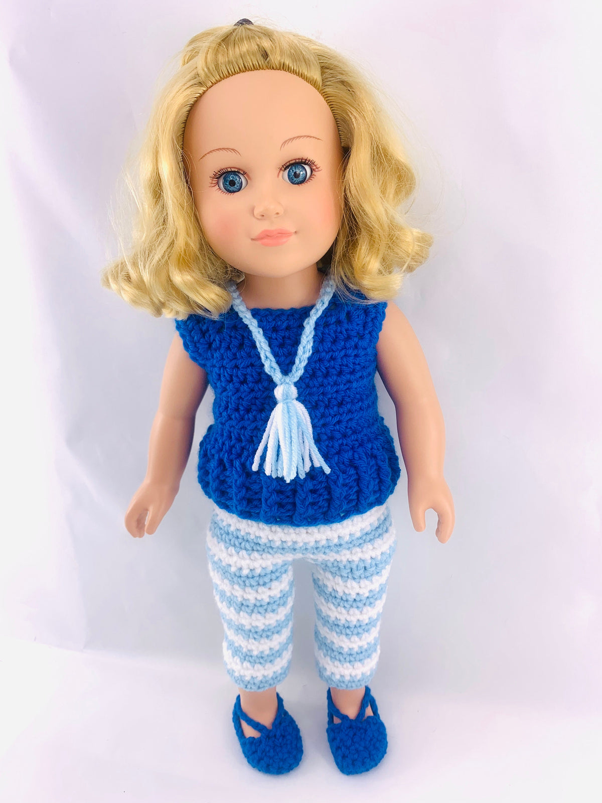 18" Doll Kinley Casual Pant Set Crochet pattern, 18 inch Doll cardigan crochet pattern, sandals, 18" doll shirt, doll shoes, doll leggings