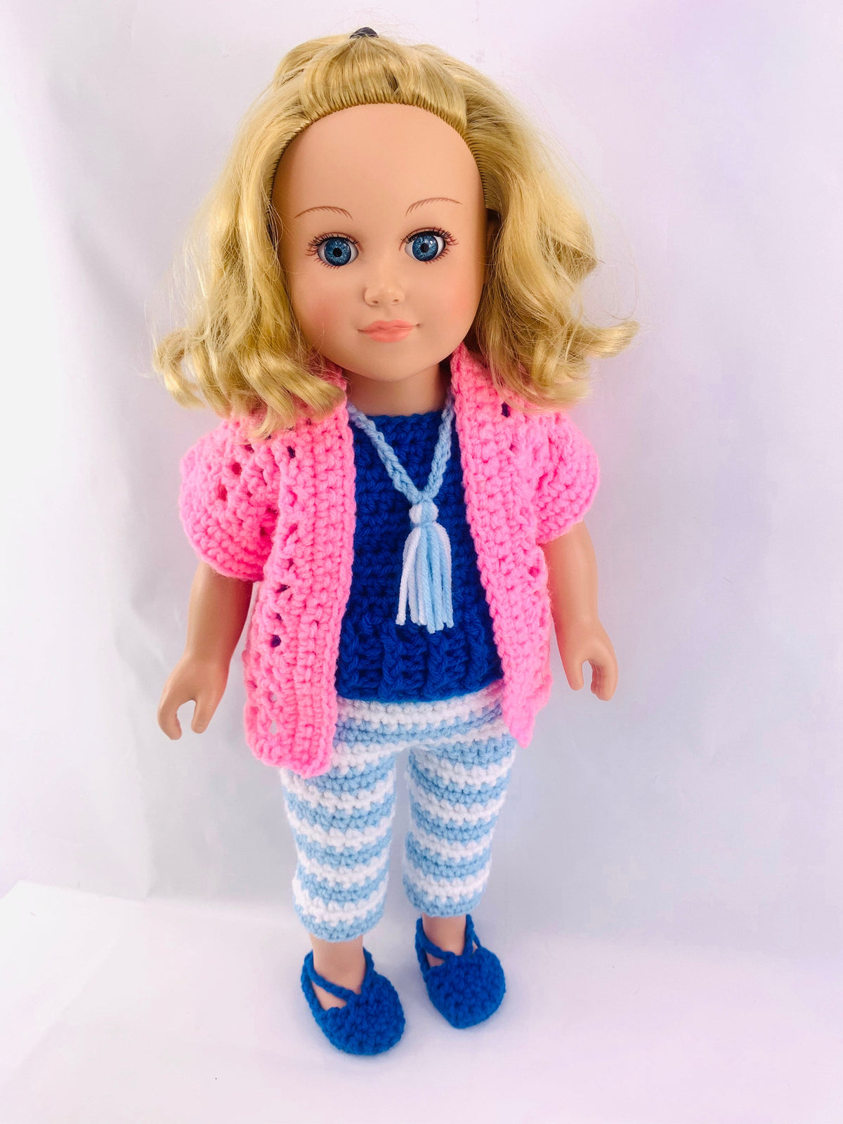 18" Doll Kinley Casual Pant Set Crochet pattern, 18 inch Doll cardigan crochet pattern, sandals, 18" doll shirt, doll shoes, doll leggings