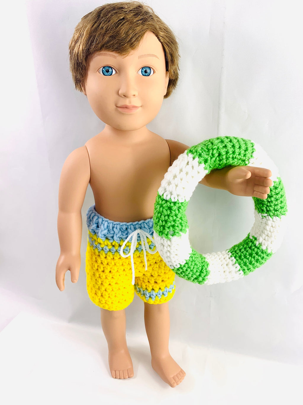 18" Doll Bathing Suit Set Crochet PDF pattern, Doll swim trunks crochet pattern, 18" Doll crochet doll clothes pattern, doll floatie tube