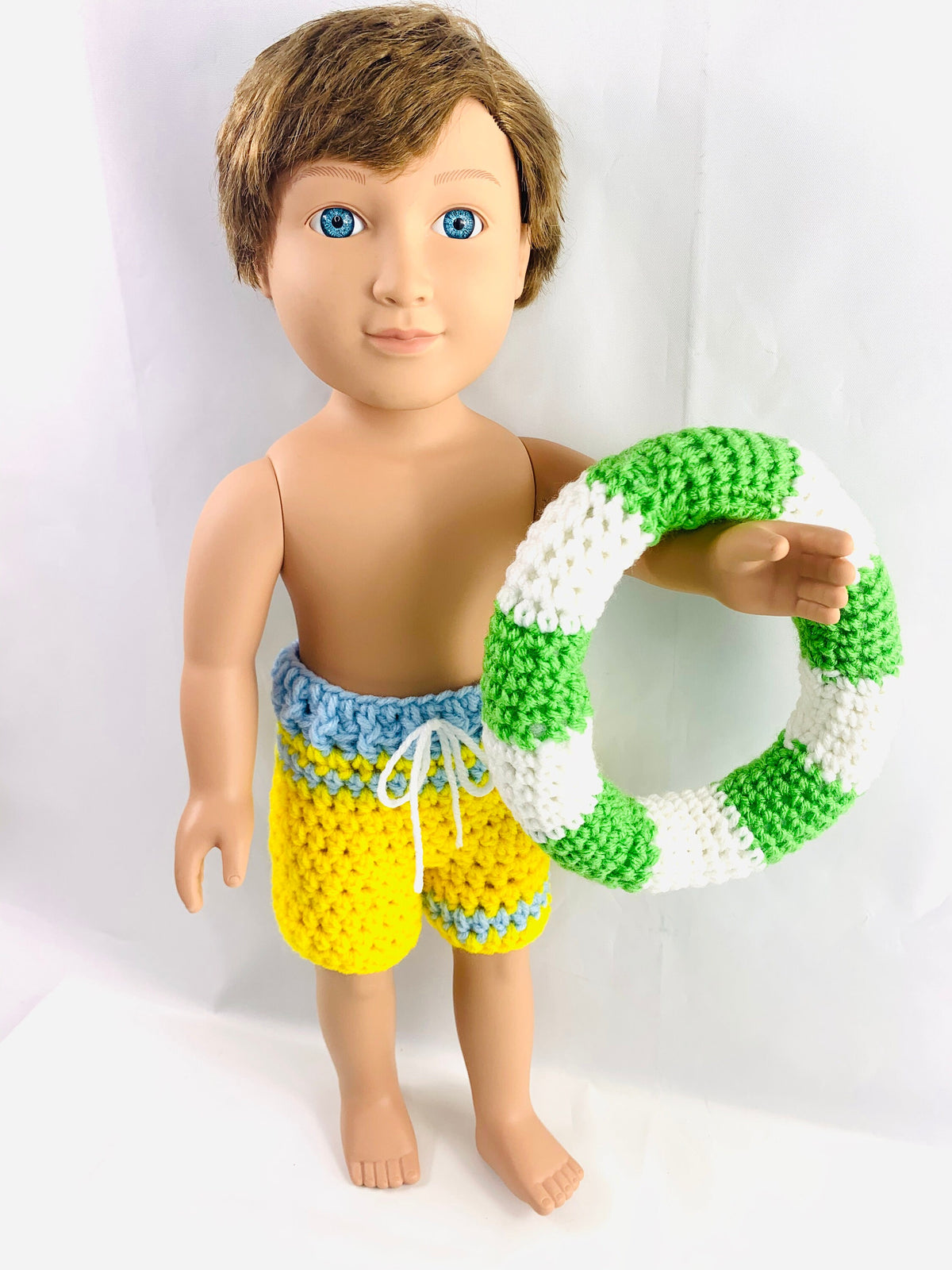 18" Doll Bathing Suit Set Crochet PDF pattern, Doll swim trunks crochet pattern, 18" Doll crochet doll clothes pattern, doll floatie tube